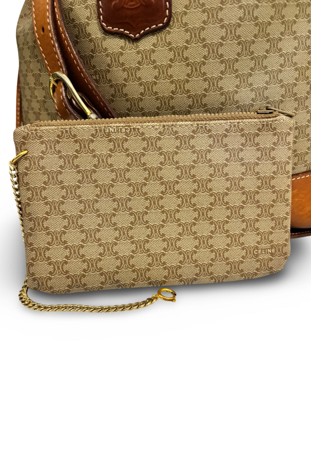 Celine Macadam Canvas & Leather Brown Tan  Bucket Shoulder Bag & Pouch