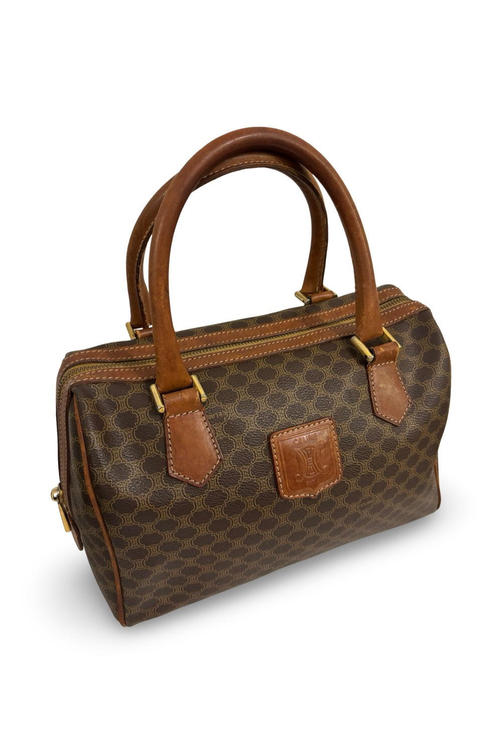 Celine Macadam Boston Bag Brown Coated Canvas  Leather Tan Vintage Handbag
