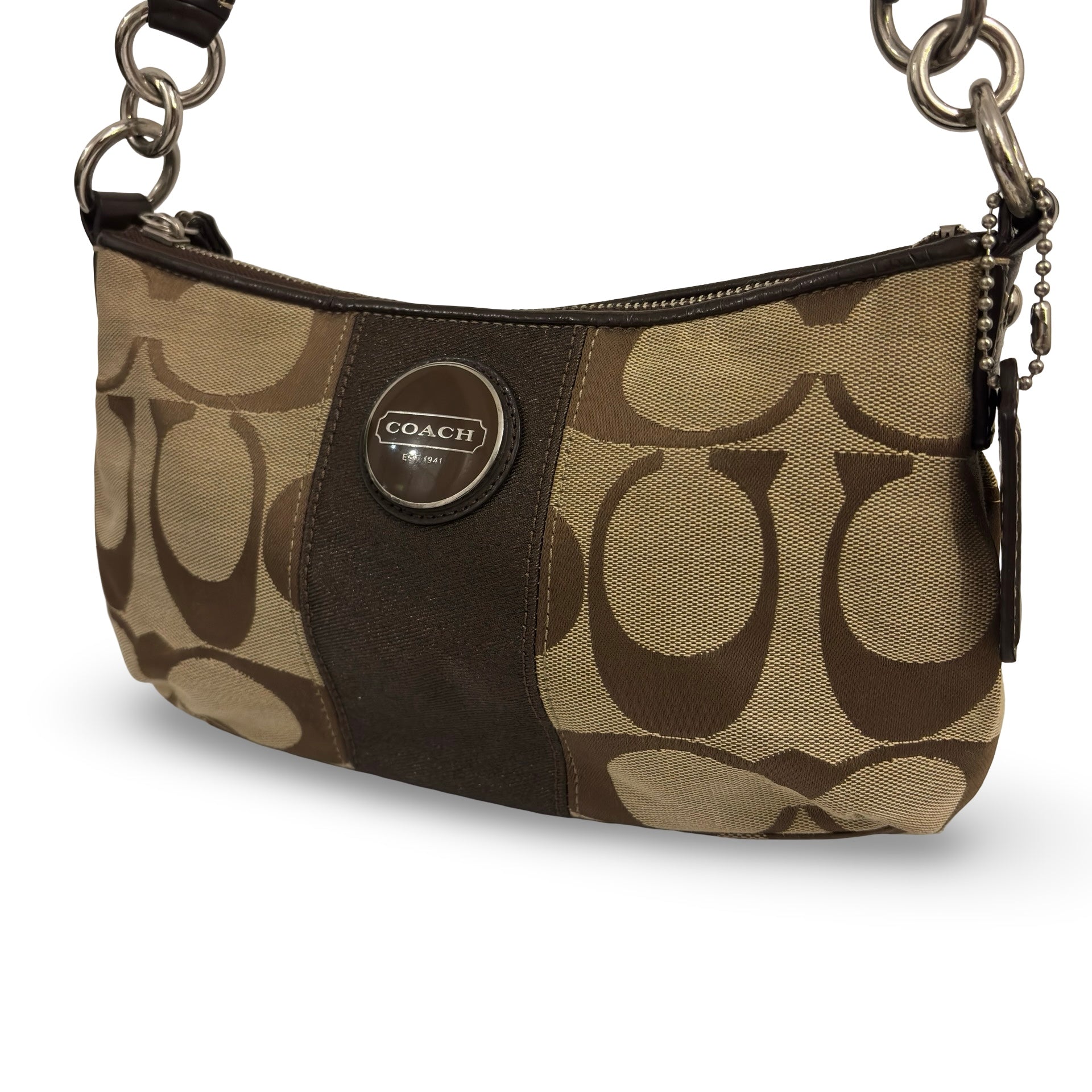 Coach 'Demi' Signature Stripe Brown Pochette Canvas & Leather Vintage Shoulder Bag