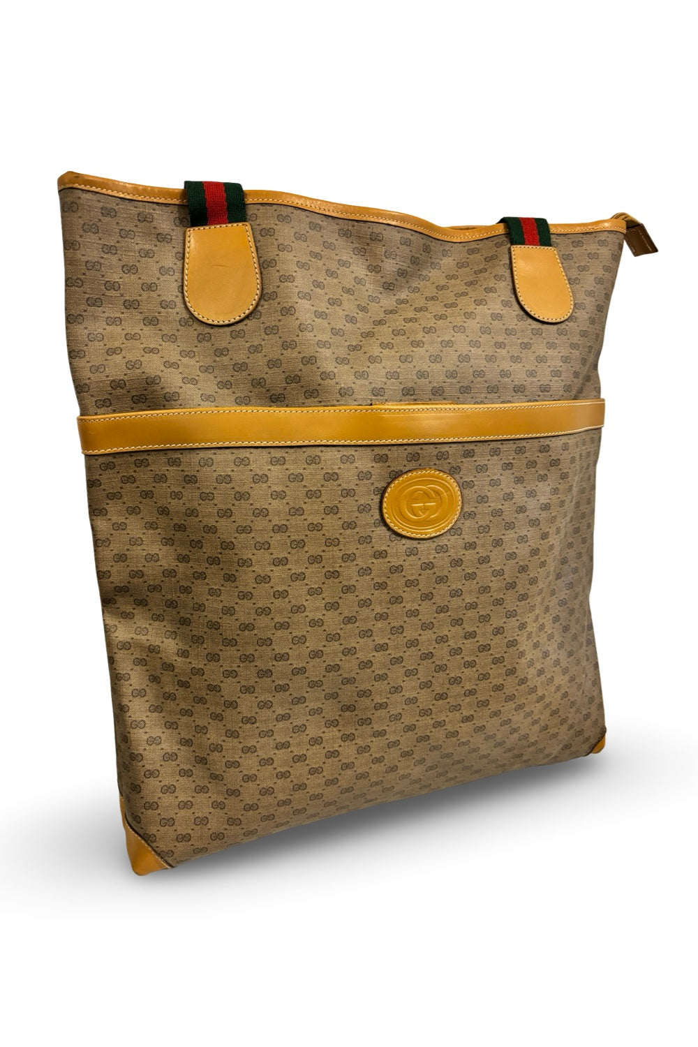 Gucci Vintage Micro GG Supreme Web Sherry Line Brown Beige Canvas & Leather Tote Shoulder Bag