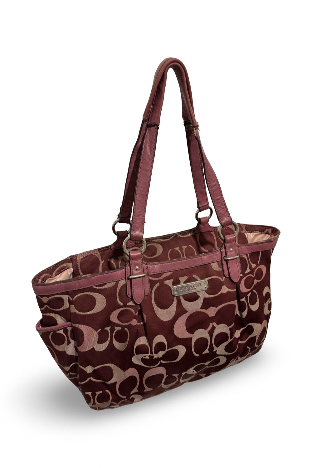 Coach Rare Pink / Burgundy Gallery Tote Signature  Canvas & Leather Vintage Shoulder Bag