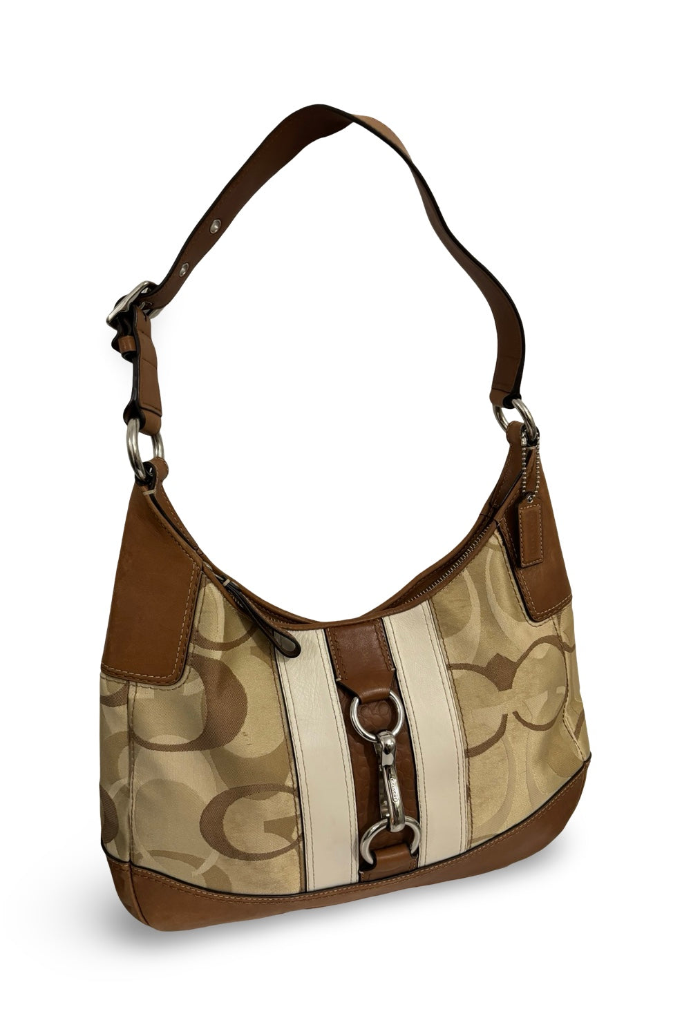 Coach Vintage Brown Signature Hampton Canvas Satin & Leather Hobo Shoulder Bag