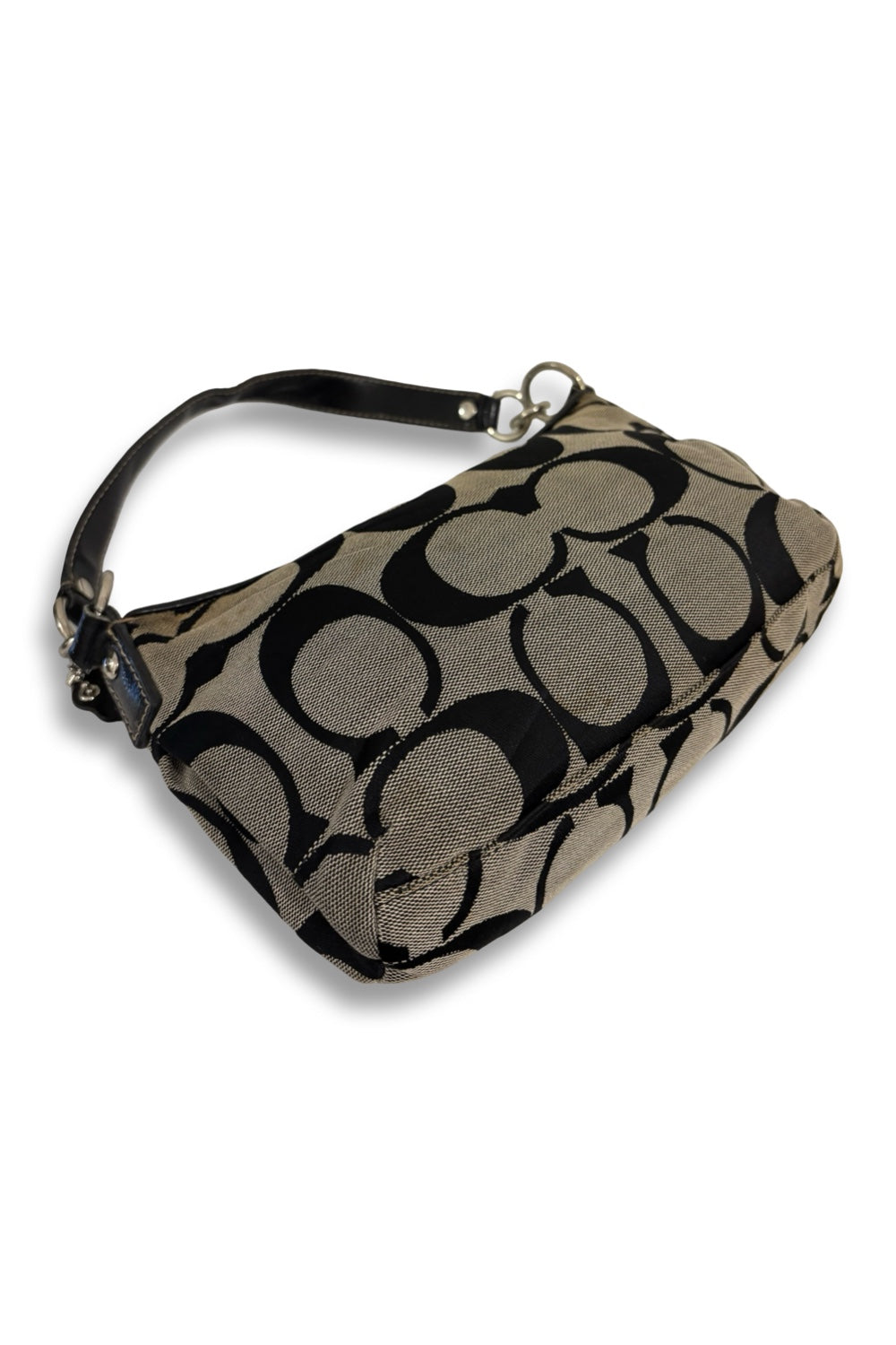 Coach Black & Grey Signature Stripe Sufflette Demi Baguette Vintage Shoulder Bag