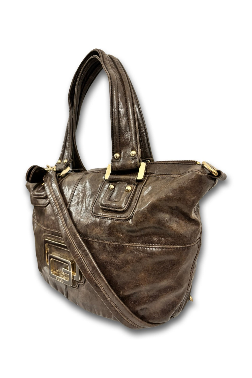 Guess Chocolate Brown Leather PVC XL Vintage Y2K Tote Shoulder Bag