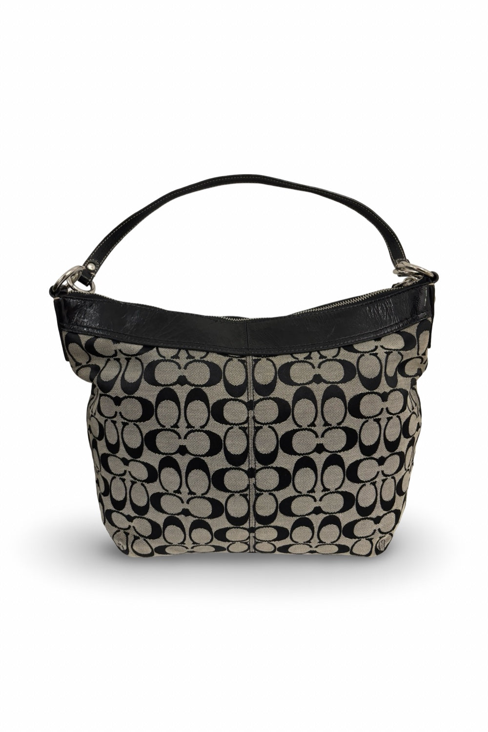 Coach Vintage Black & Grey Signature Canvas & Patent Leather Hobo Shoulder Bag
