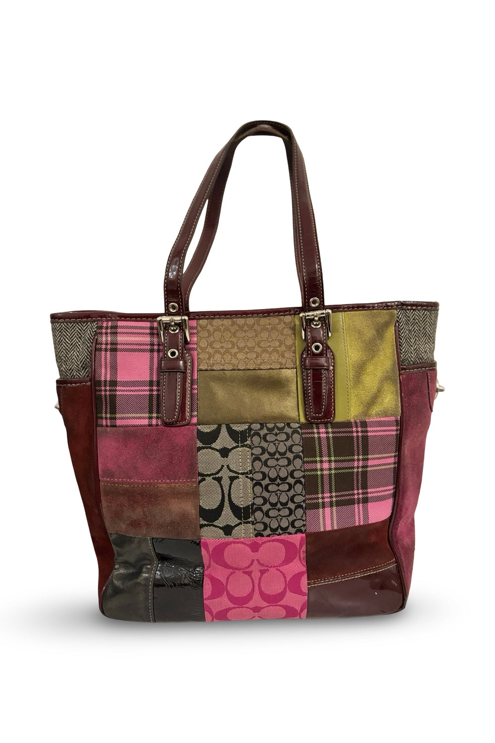 Coach Brown Pink Plaid Patchwork Multicoloured Canvas Suede Leather Vintage Bag