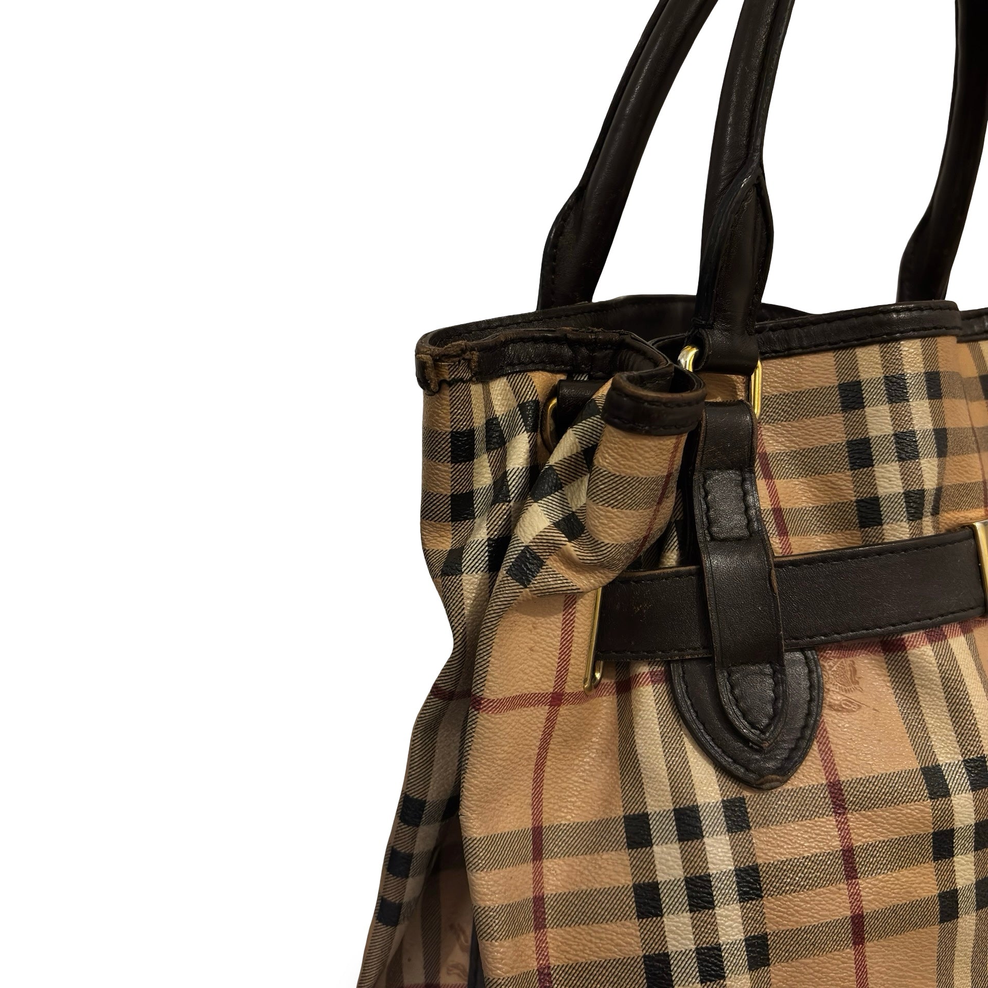 Burberry Brown & Beige Haymarket Golderton Check / Plaid Tote Vintage Shoulder Bag