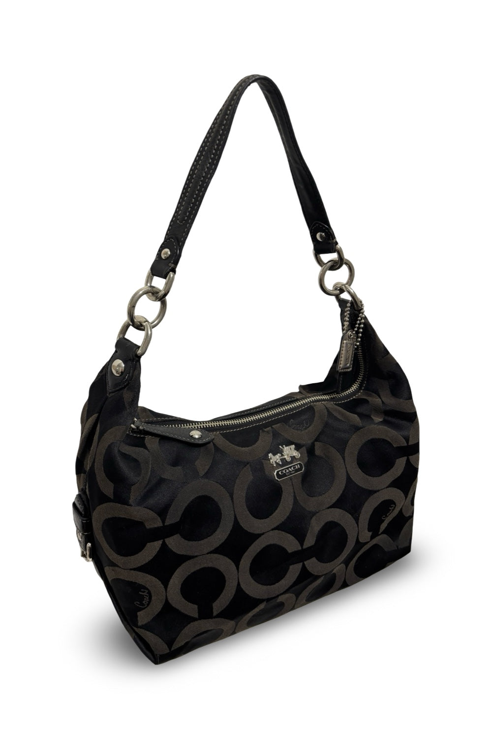 Coach Black Signature Madison OP Art Sateen & Leather Hailey Hobo Shoulder Bag