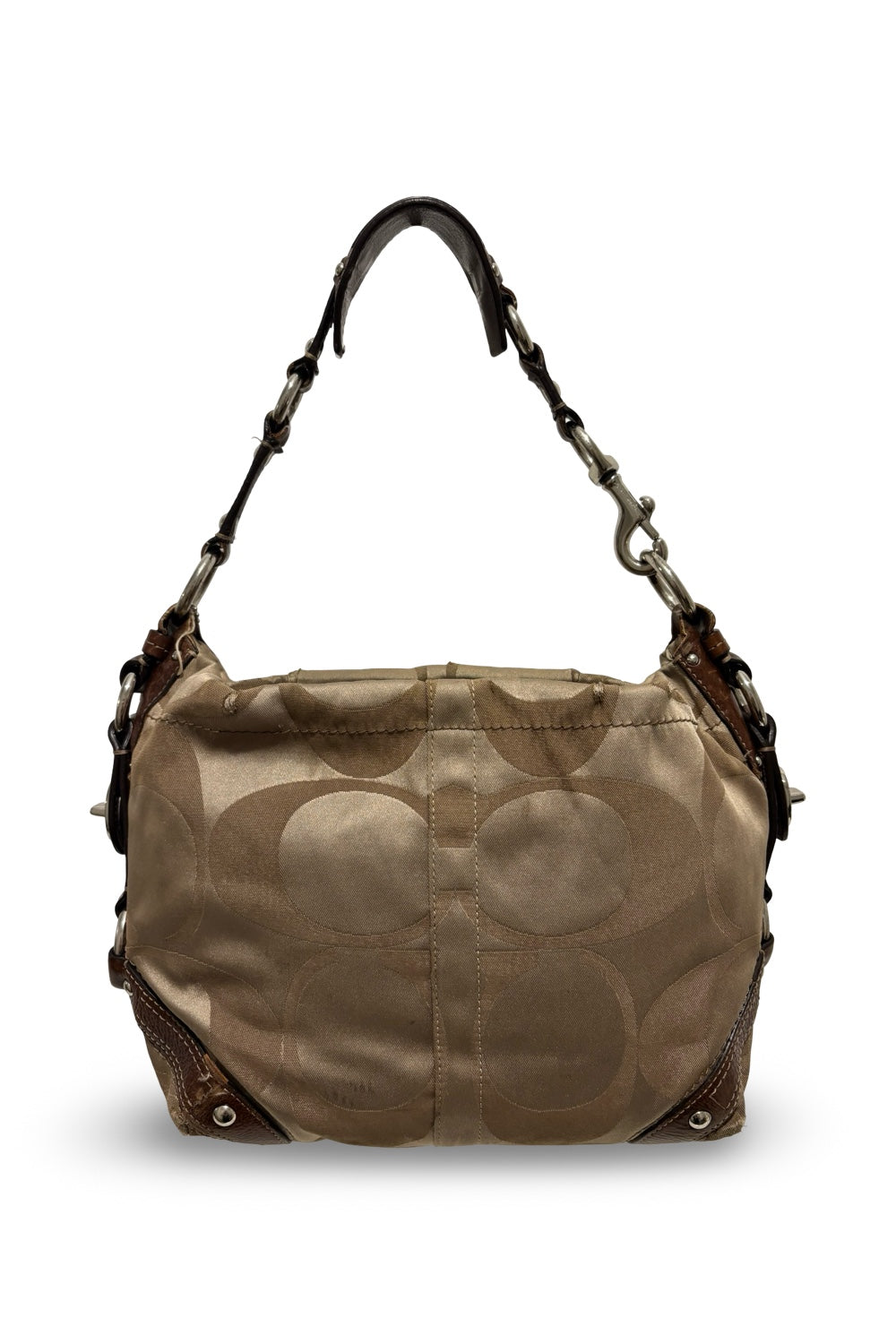 Coach Brown Signature Carly Satin & Leather Vintage Studded Shoulder Bag