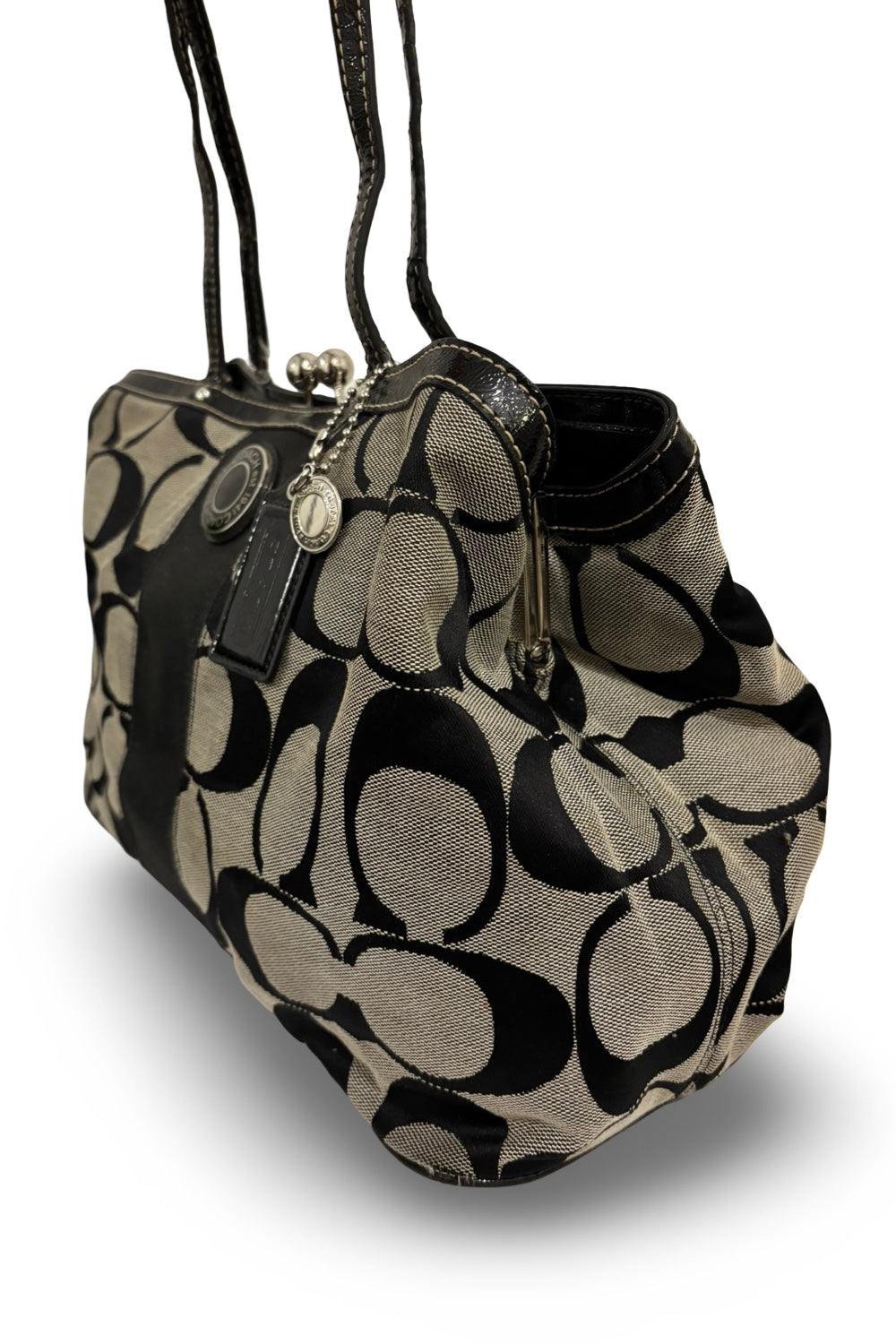 Coach Hampton Black & Grey Signature Canvas & Patent Leather Kiss lock Shoulder Bag