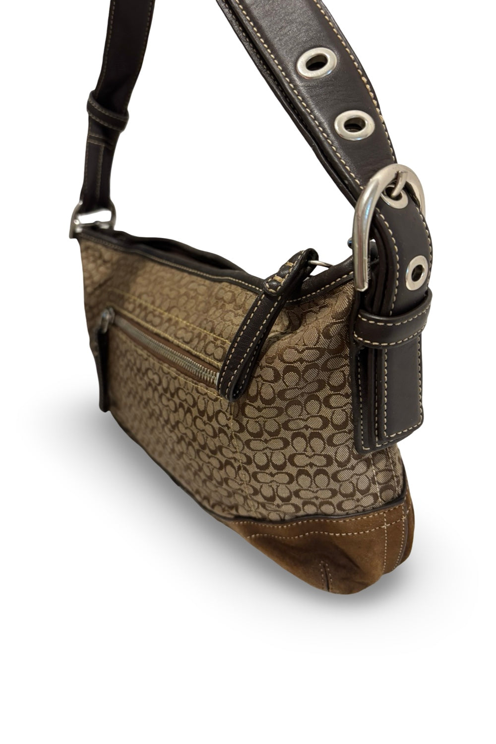 Coach Signature Brown Sufflette Canvas Suede & Leather Vintage Hobo Shoulder Bag