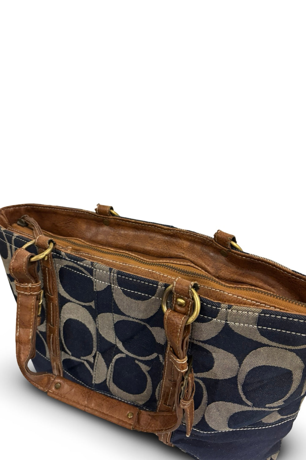 Coach Cargo Blue Denim Signature Monogram Brown Leather Legacy Tote Shoulder Bag