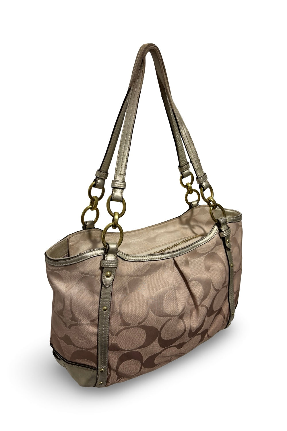 Coach Signature Alexandra Brown Beige Metallic Gold Canvas Leather Shoulder Bag