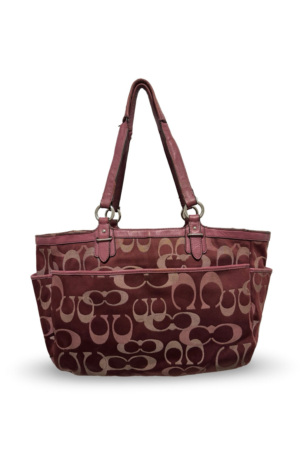 Coach Rare Pink / Burgundy Gallery Tote Signature  Canvas & Leather Vintage Shoulder Bag