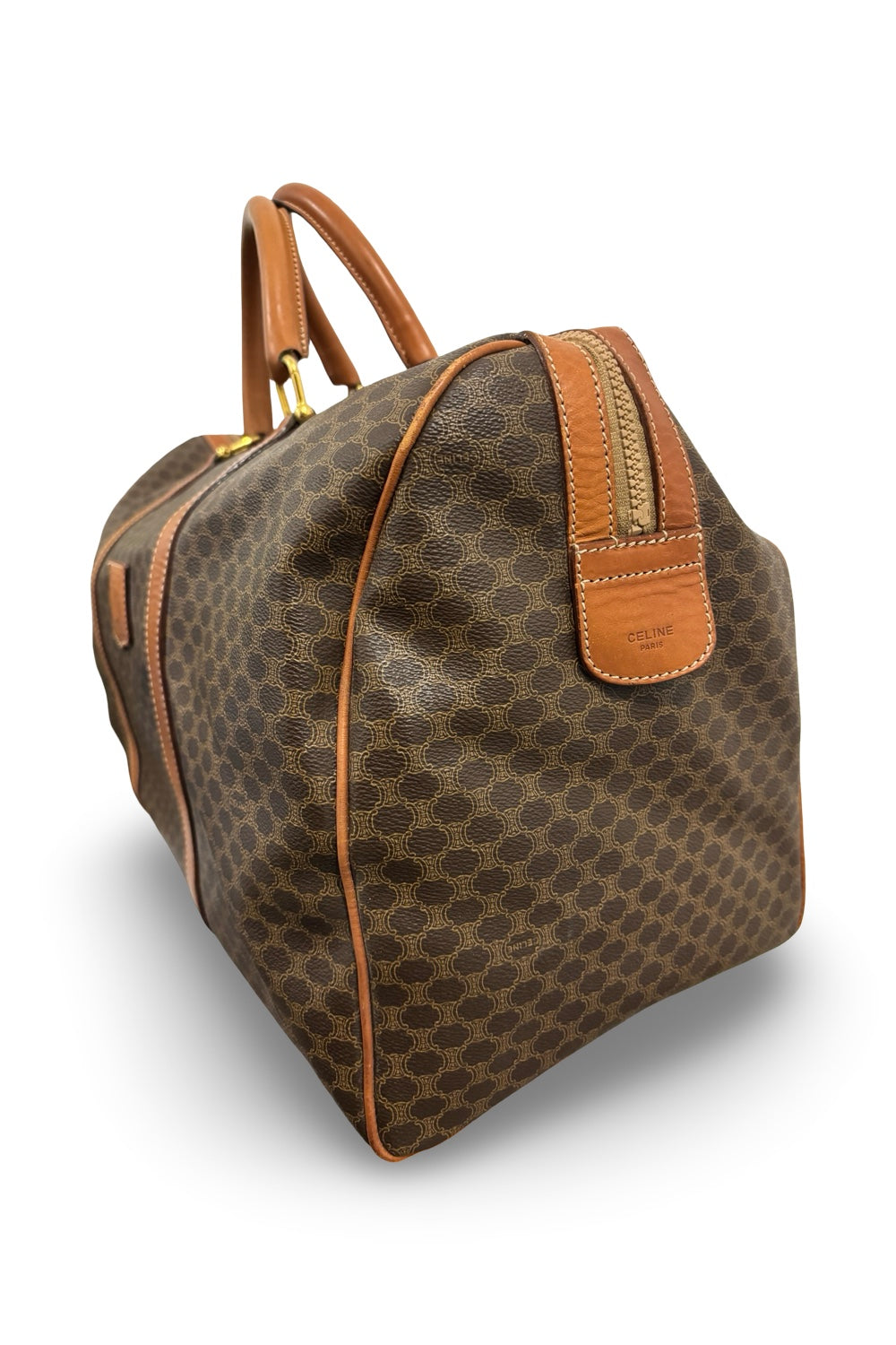 Celine Vintage Brown Macadam Signature Travel Weekender Duffle Boston Tote Bag