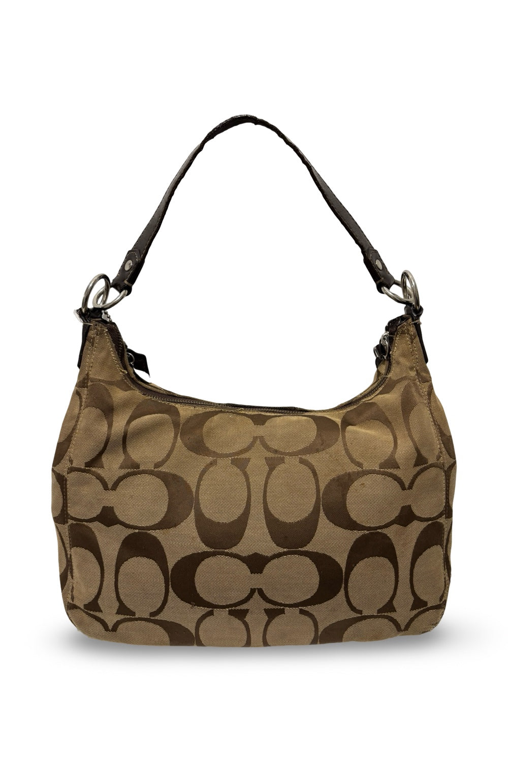 Coach Demi Signature Brown Khaki Canvas & Patent Leather Vintage Shoulder Bag