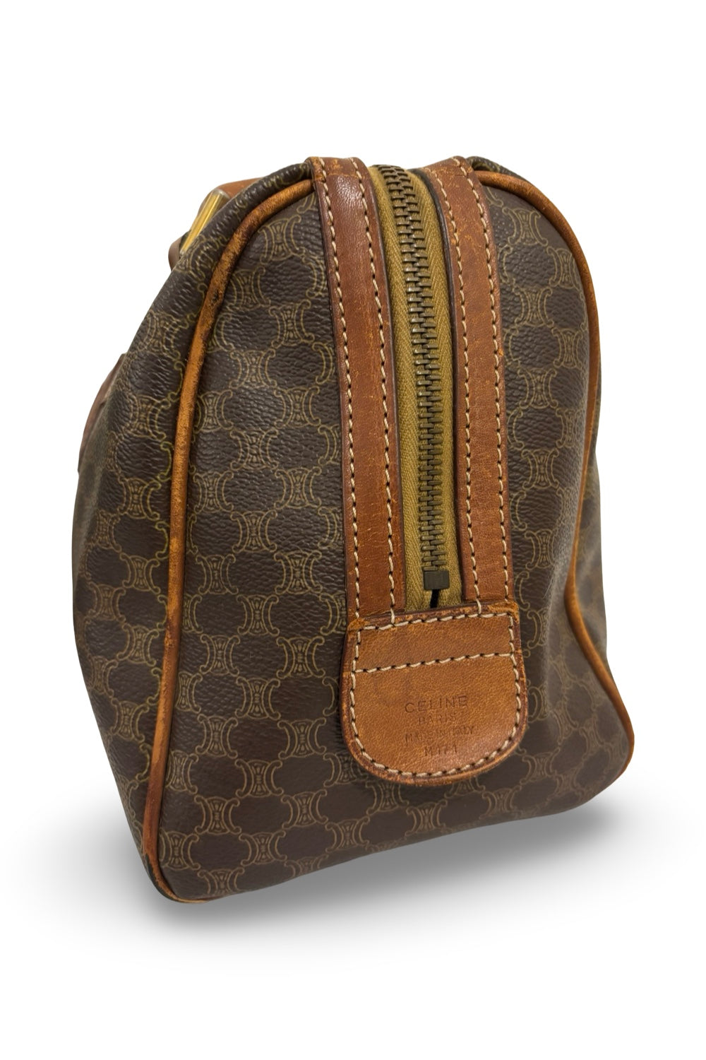 Celine Macadam Boston Bag Brown Coated Canvas  Leather Tan Vintage Handbag