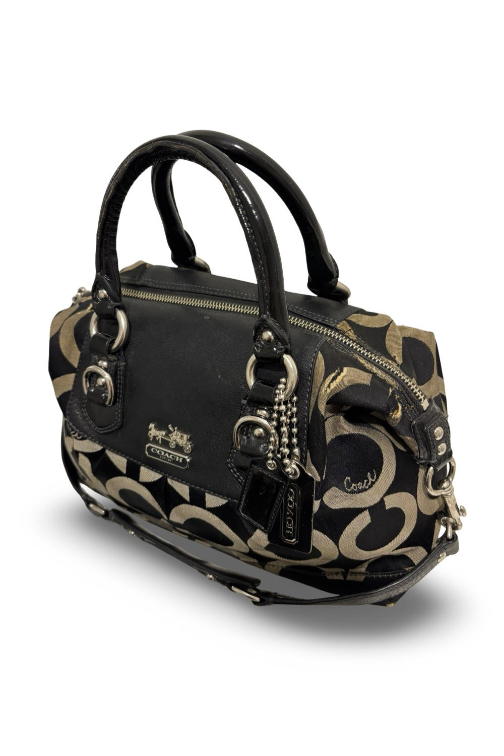Coach Black & Grey Madison Signature Canvas & Leather Sabrina Satchel Handbag / Shoulder Bag