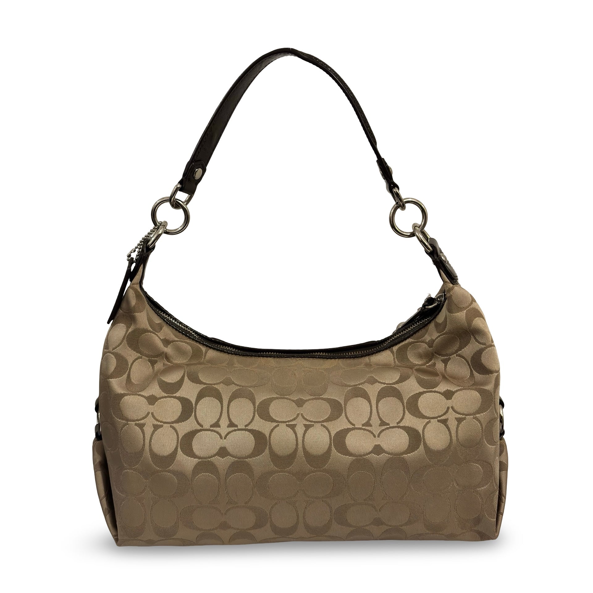 Coach 'Ashley' Signature Brown Khaki Satin Canvas & Patent Leather Hobo Vintage Shoulder Bag