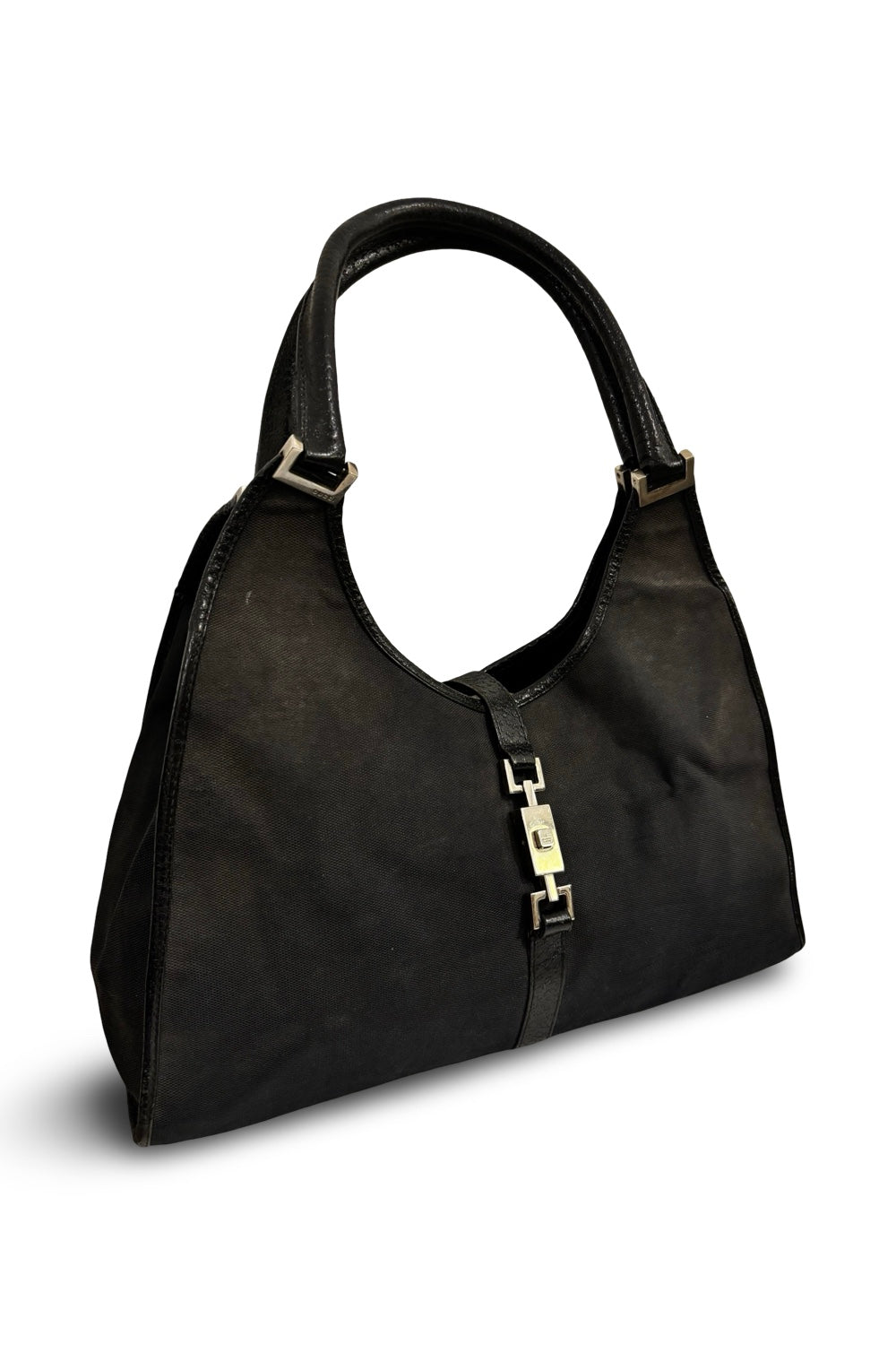 Gucci Jackie 1961 Black Canvas Vintage Bardot  Leather Trim Hobo Shoulder Bag