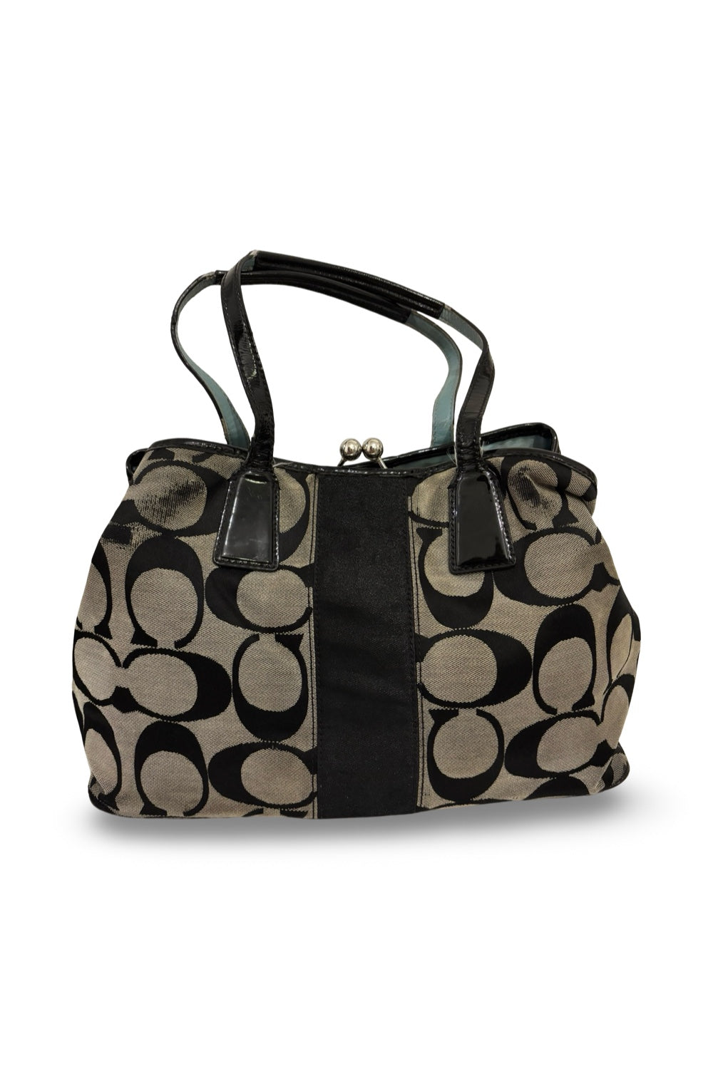 Coach Black & Grey Signature Kiss lock Canvas & Patent Leather Shoulder Bag
