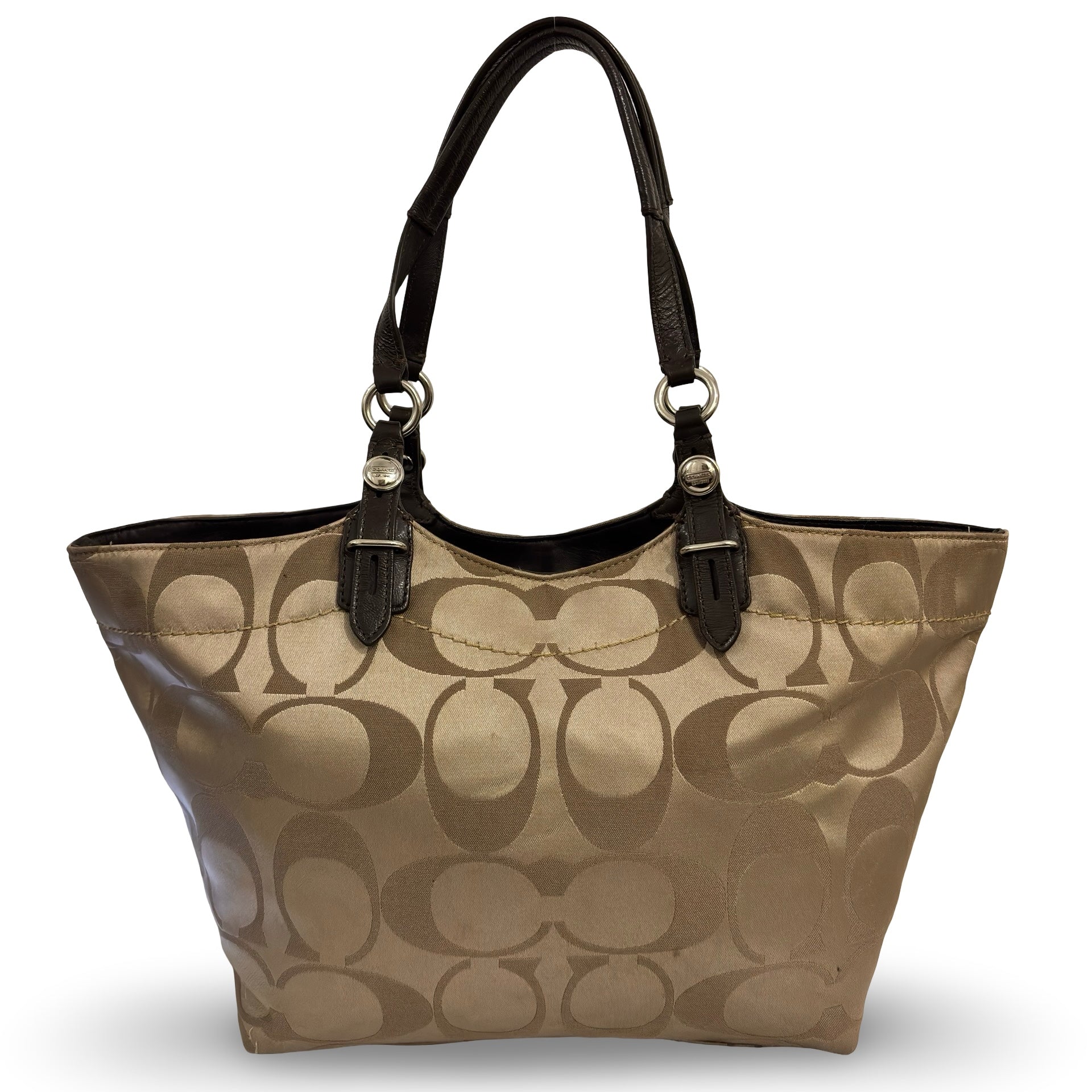 Coach Brown / Beige Signature Sateen Canvas & Leather Khaki Vintage Tote Shoulder Bag
