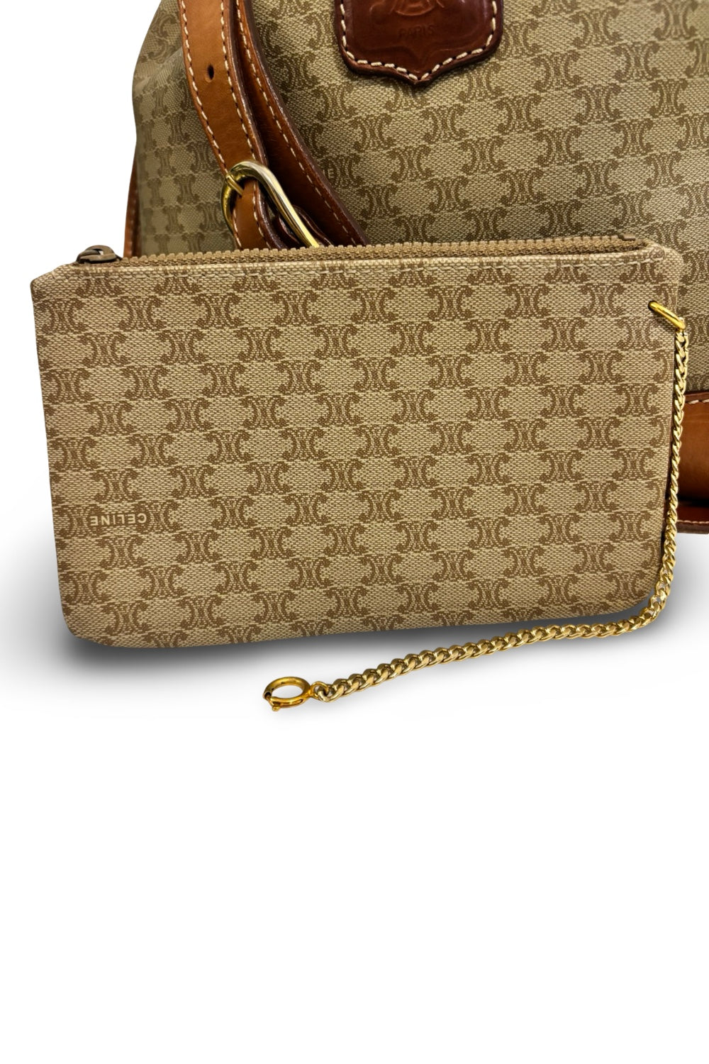 Celine Macadam Canvas & Leather Brown Tan  Bucket Shoulder Bag & Pouch
