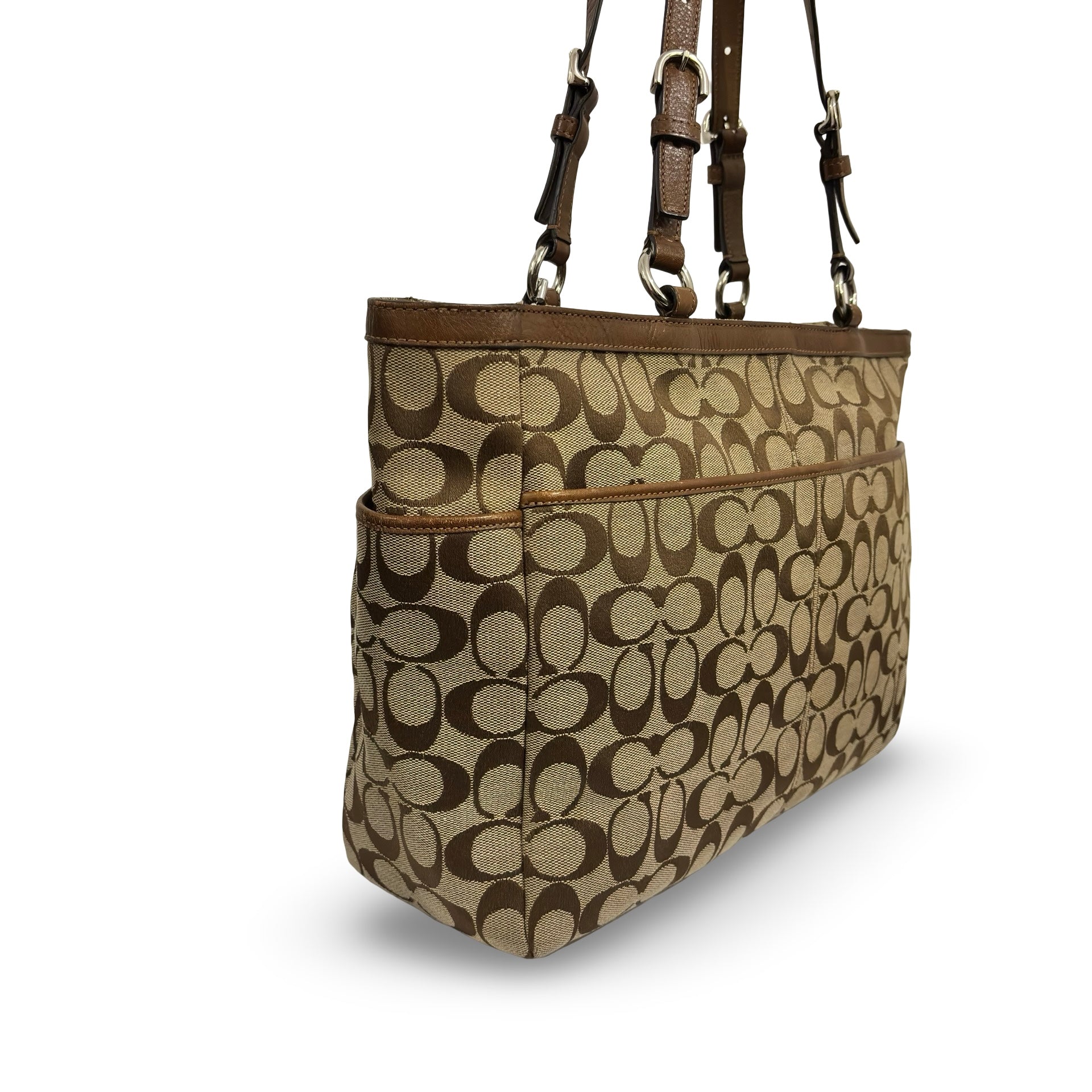 Coach Brown Signature Pleated Canvas & Leather Vintage City Tote Shoulder Bag