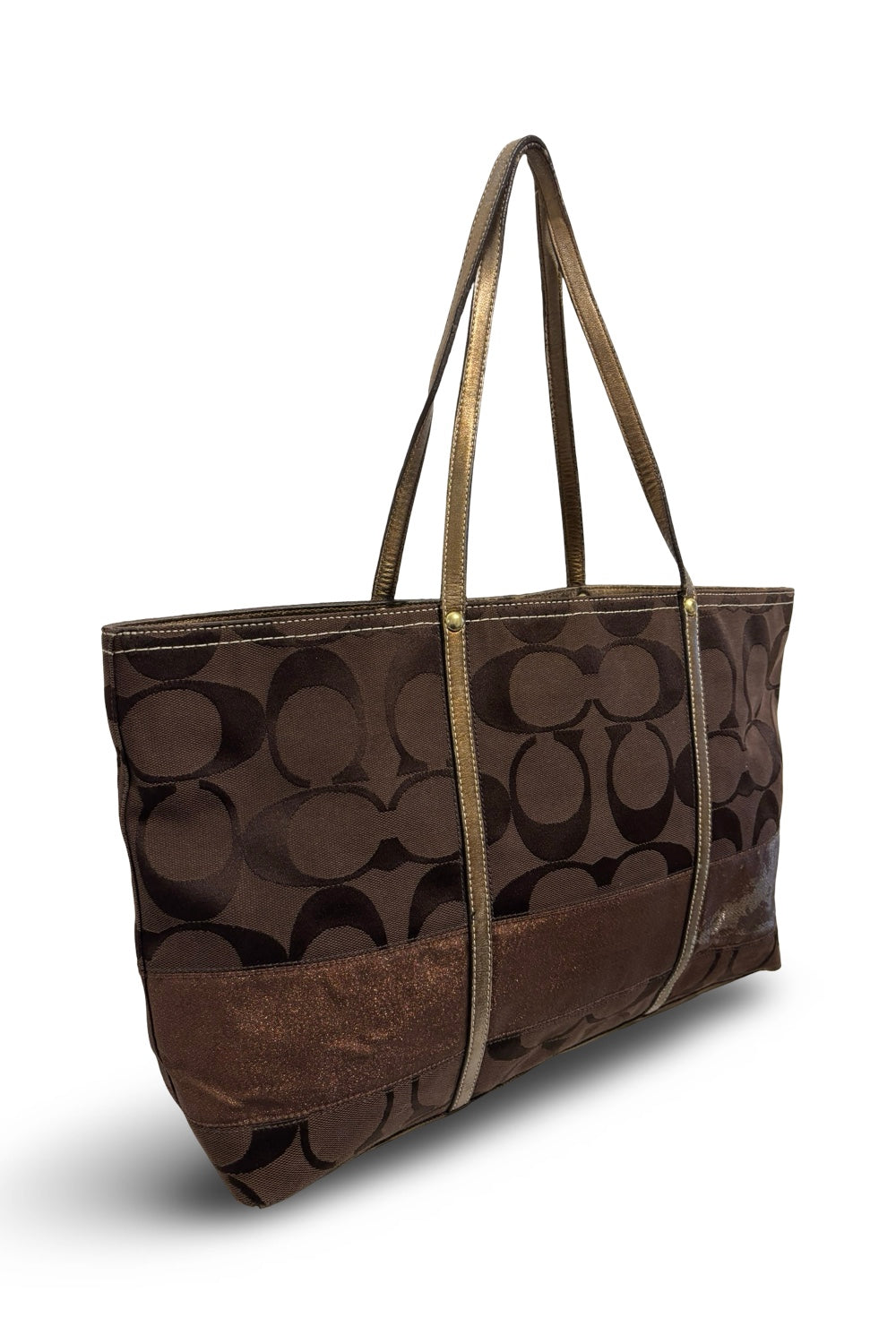 Coach Brown Signature Stripe Canvas & Leather  Metallic Tote Shoulder Bag