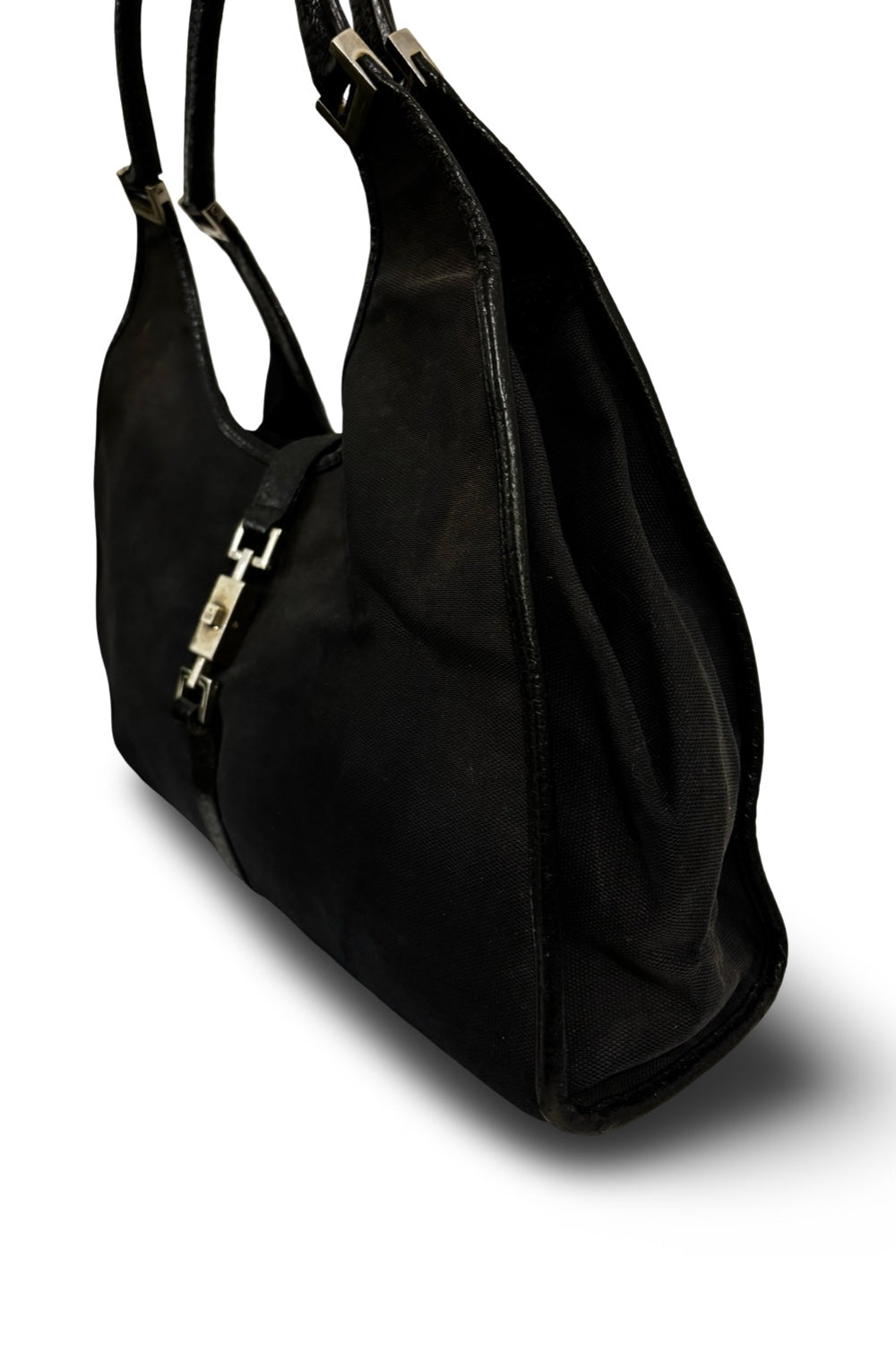 Gucci Jackie 1961 Black Canvas Vintage Bardot  Leather Trim Hobo Shoulder Bag
