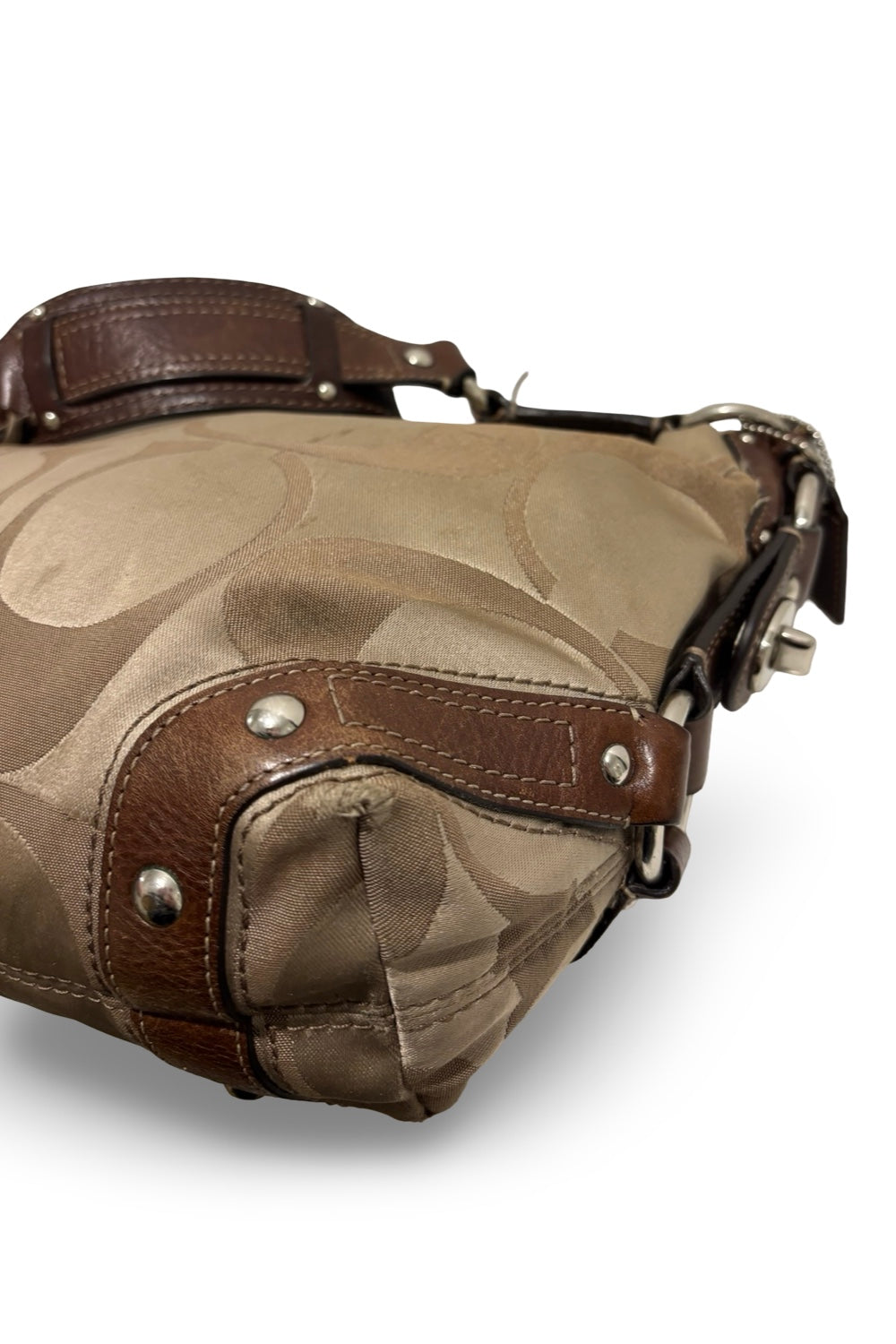 Coach Brown Signature Carly Satin & Leather Vintage Studded Shoulder Bag