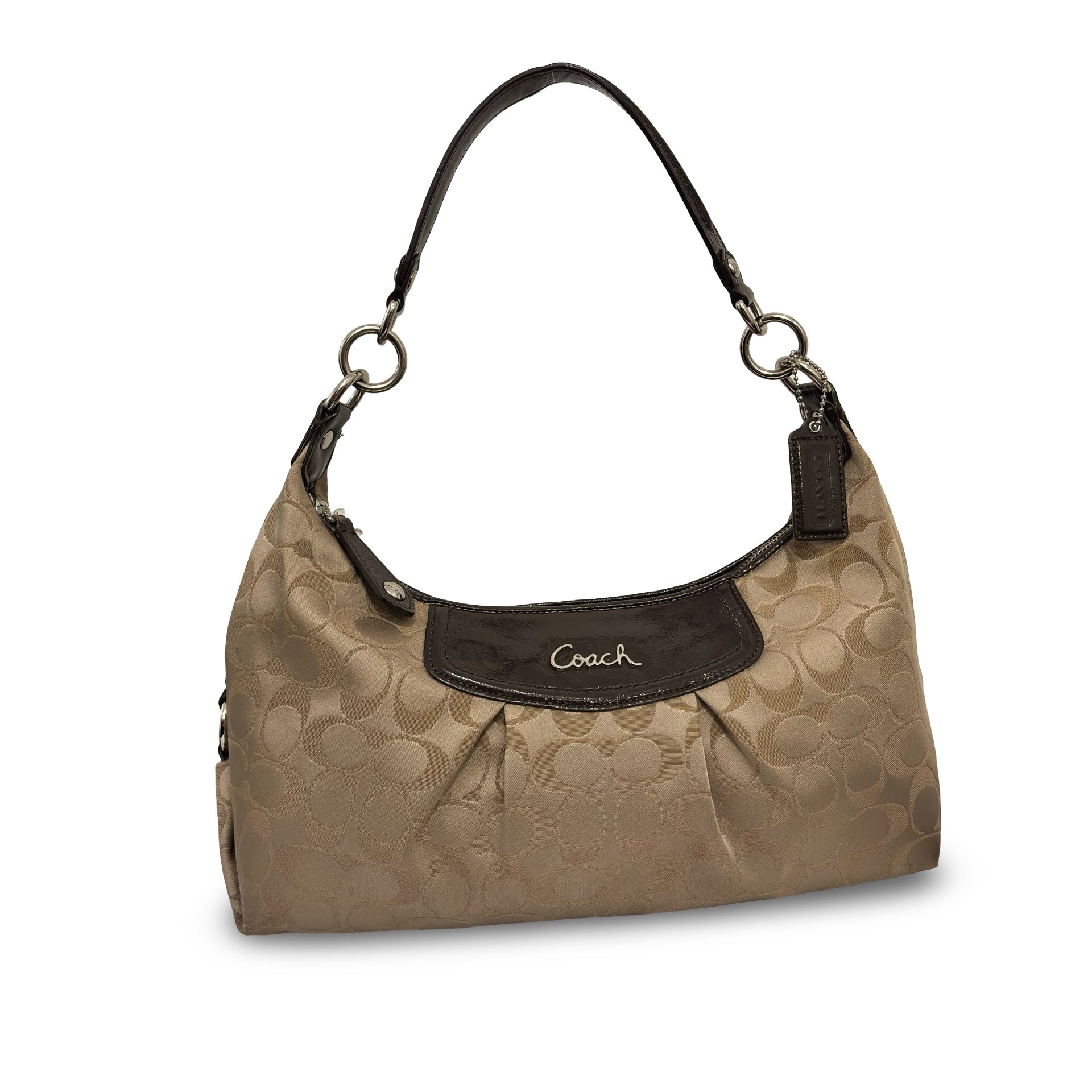 Coach 'Ashley' Signature Brown Khaki Satin Canvas & Patent Leather Hobo Vintage Shoulder Bag