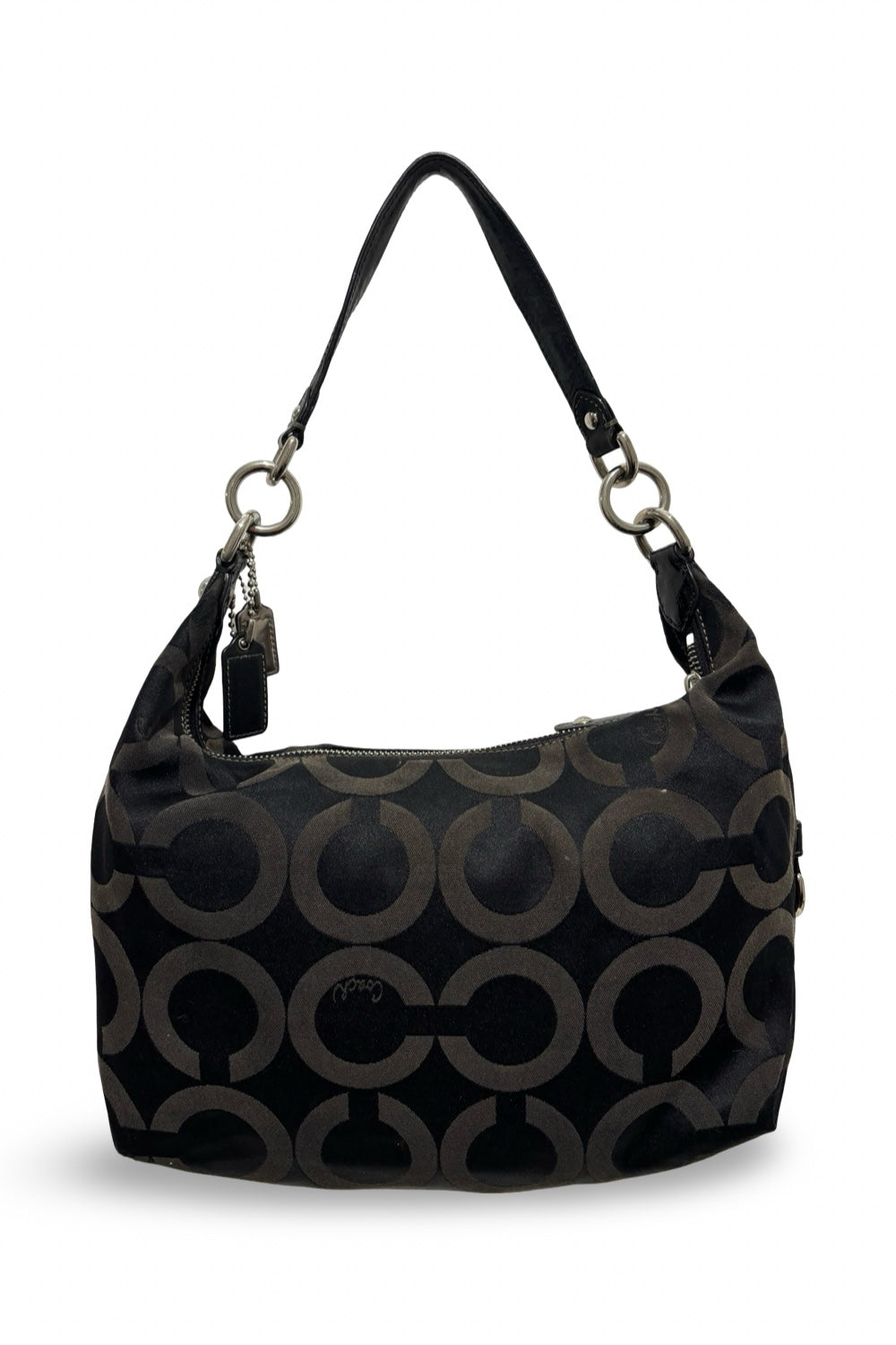 Coach Black Signature Madison OP Art Sateen & Leather Hailey Hobo Shoulder Bag