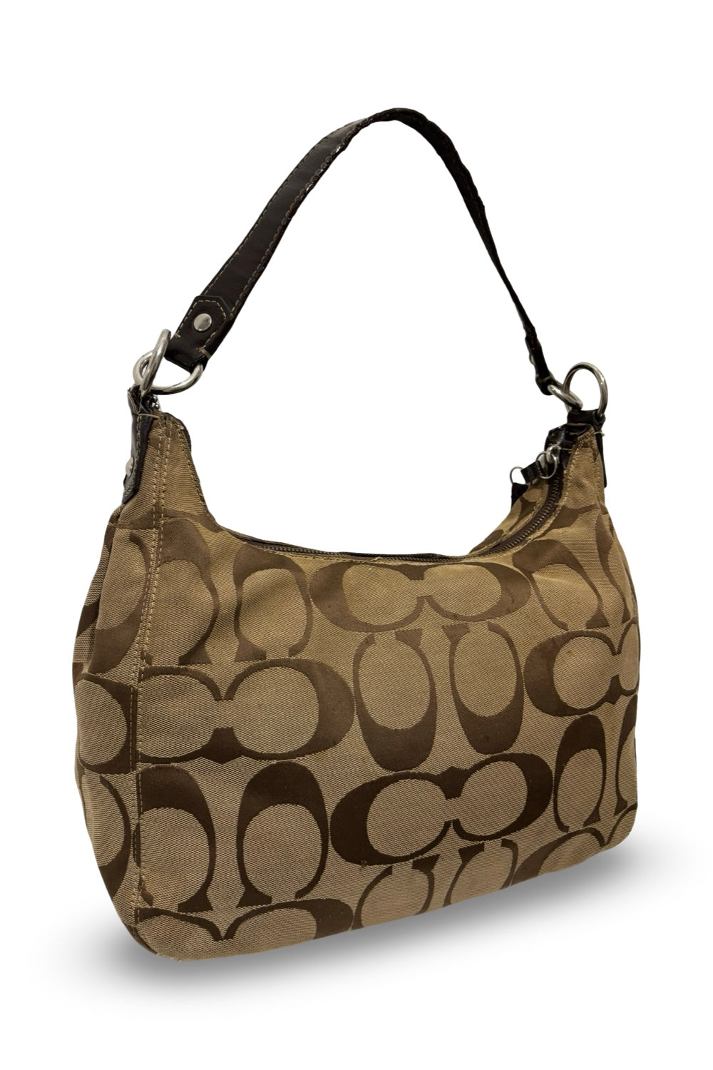 Coach Demi Signature Brown Khaki Canvas & Patent Leather Vintage Shoulder Bag