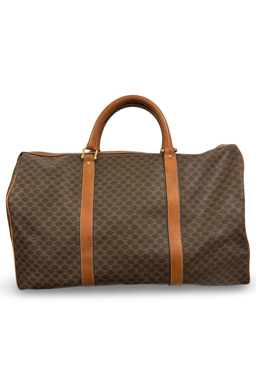 Celine Vintage Brown Macadam Signature Travel Weekender Duffle Boston Tote Bag
