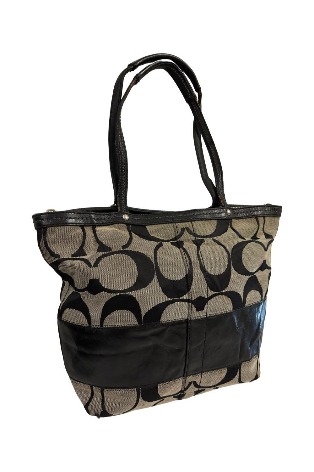 Coach Black & Grey Signature Canvas & Patent  Leather Vintage Tote Shoulder Bag