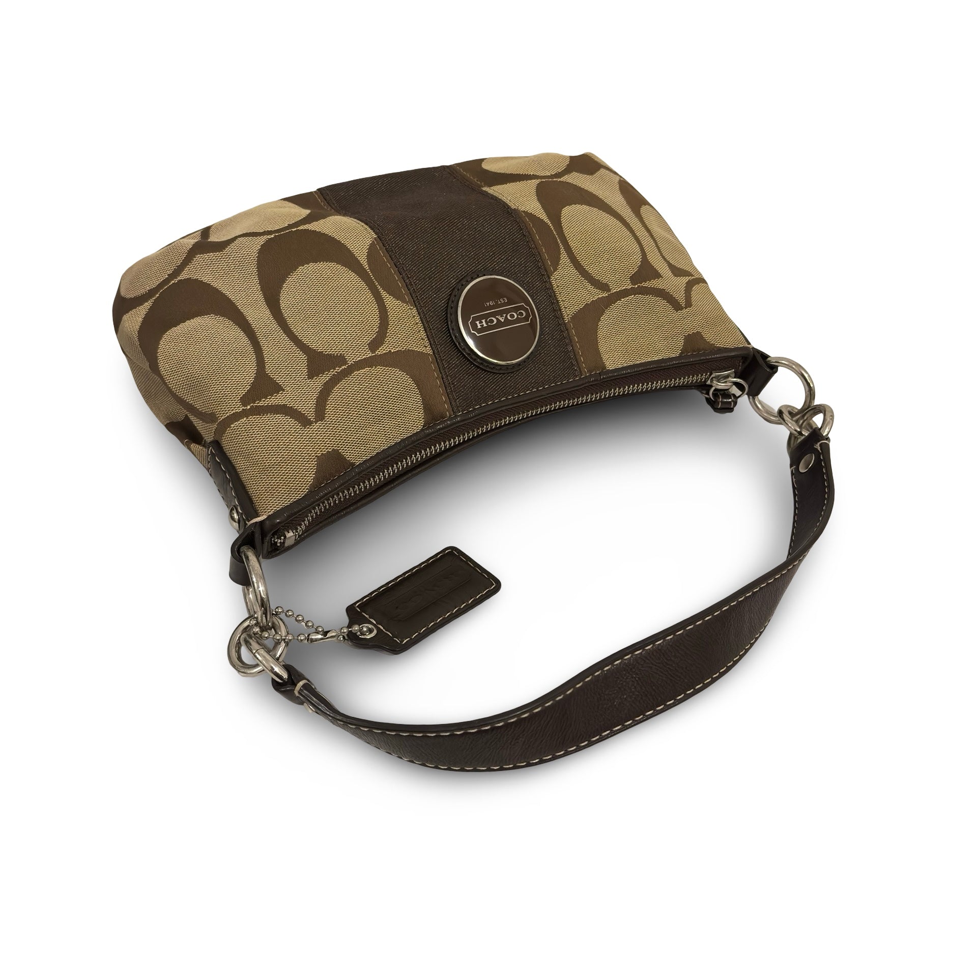 Coach 'Demi' Signature Stripe Brown Pochette Canvas & Leather Vintage Shoulder Bag