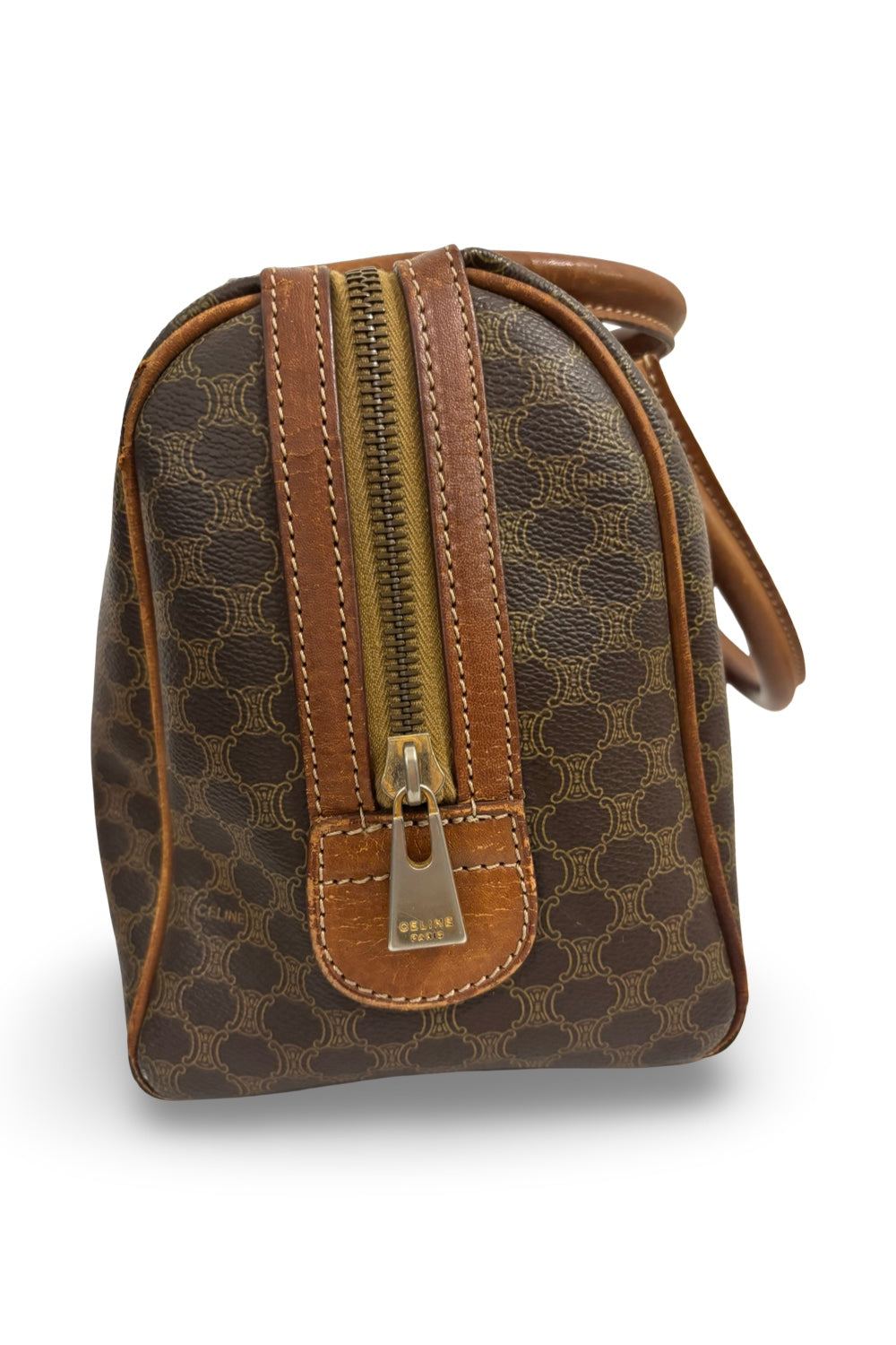 Celine Macadam Boston Bag Brown Coated Canvas  Leather Tan Vintage Handbag