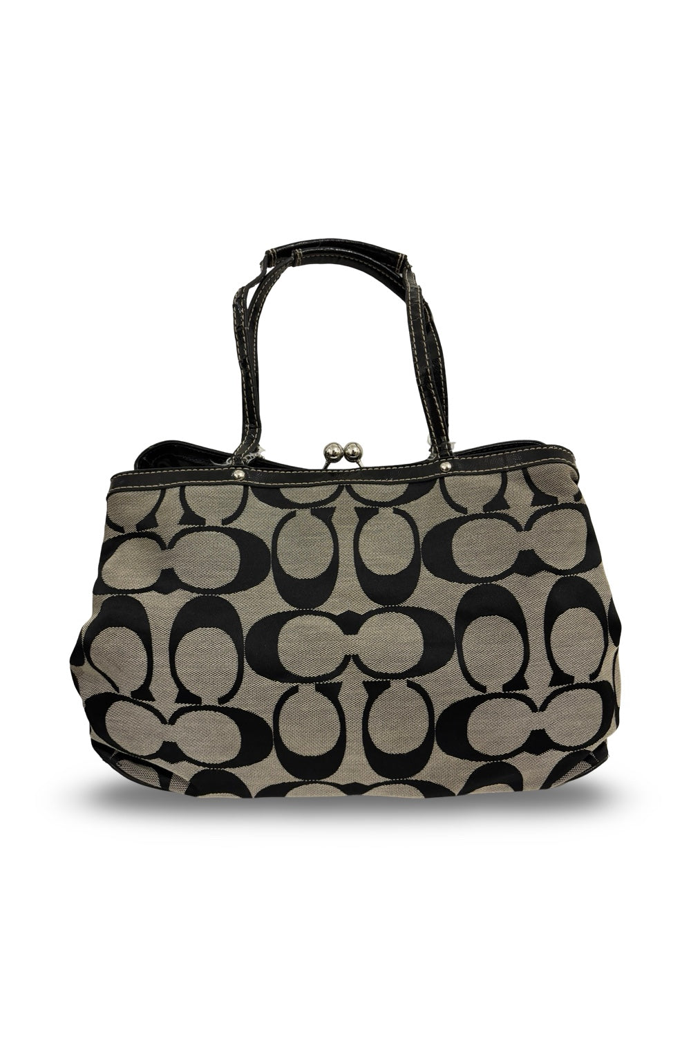Coach Hampton Black & Grey Signature Canvas & Patent Leather Kiss lock Shoulder Bag