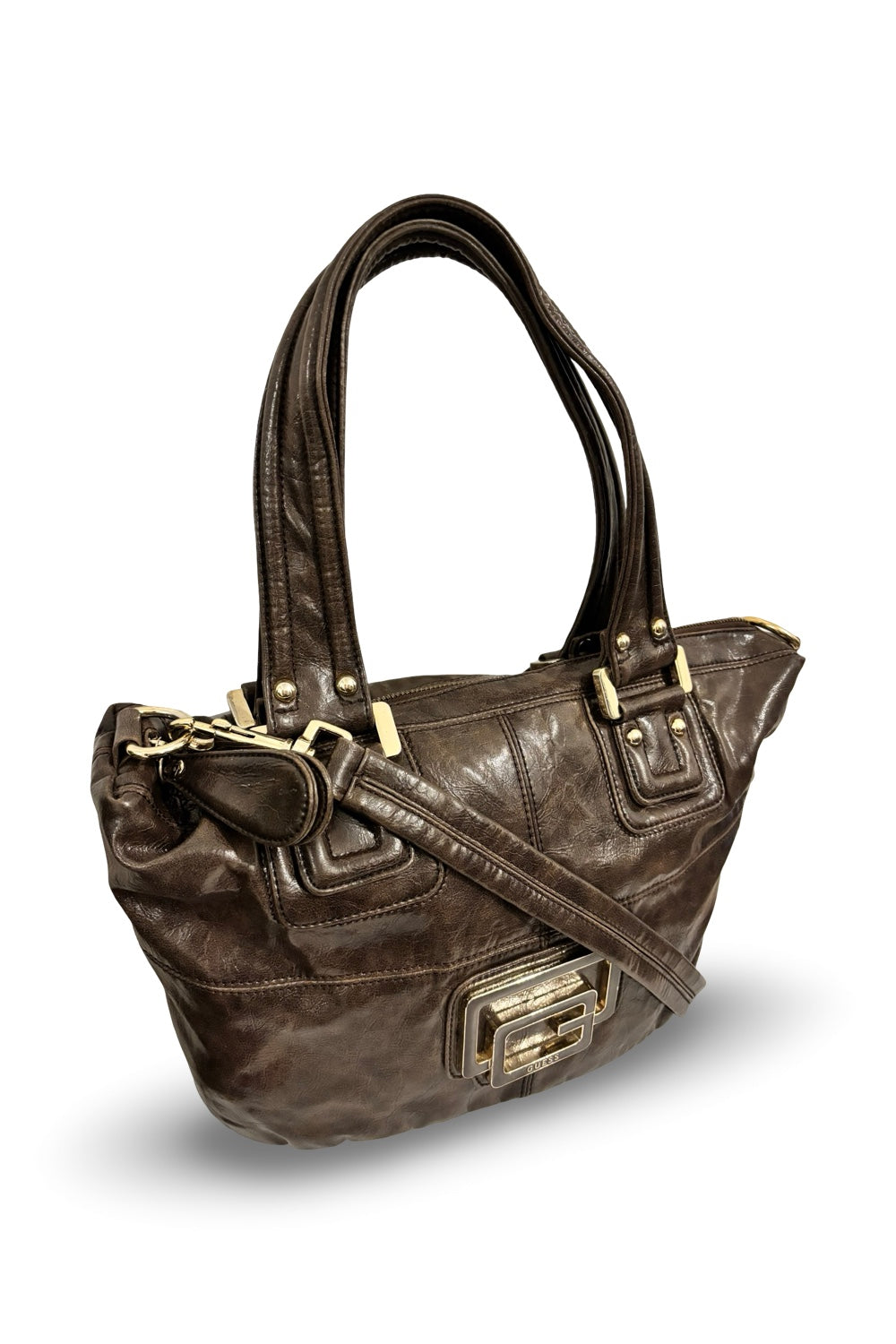 Guess Chocolate Brown Leather PVC XL Vintage Y2K Tote Shoulder Bag
