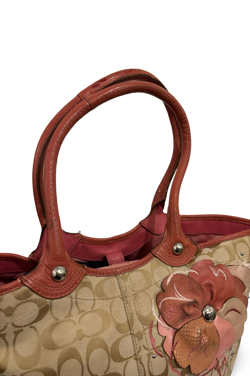 Coach Brown & Pink Bleeker Floral Signature Vintage Flower Tote Shoulder Bag