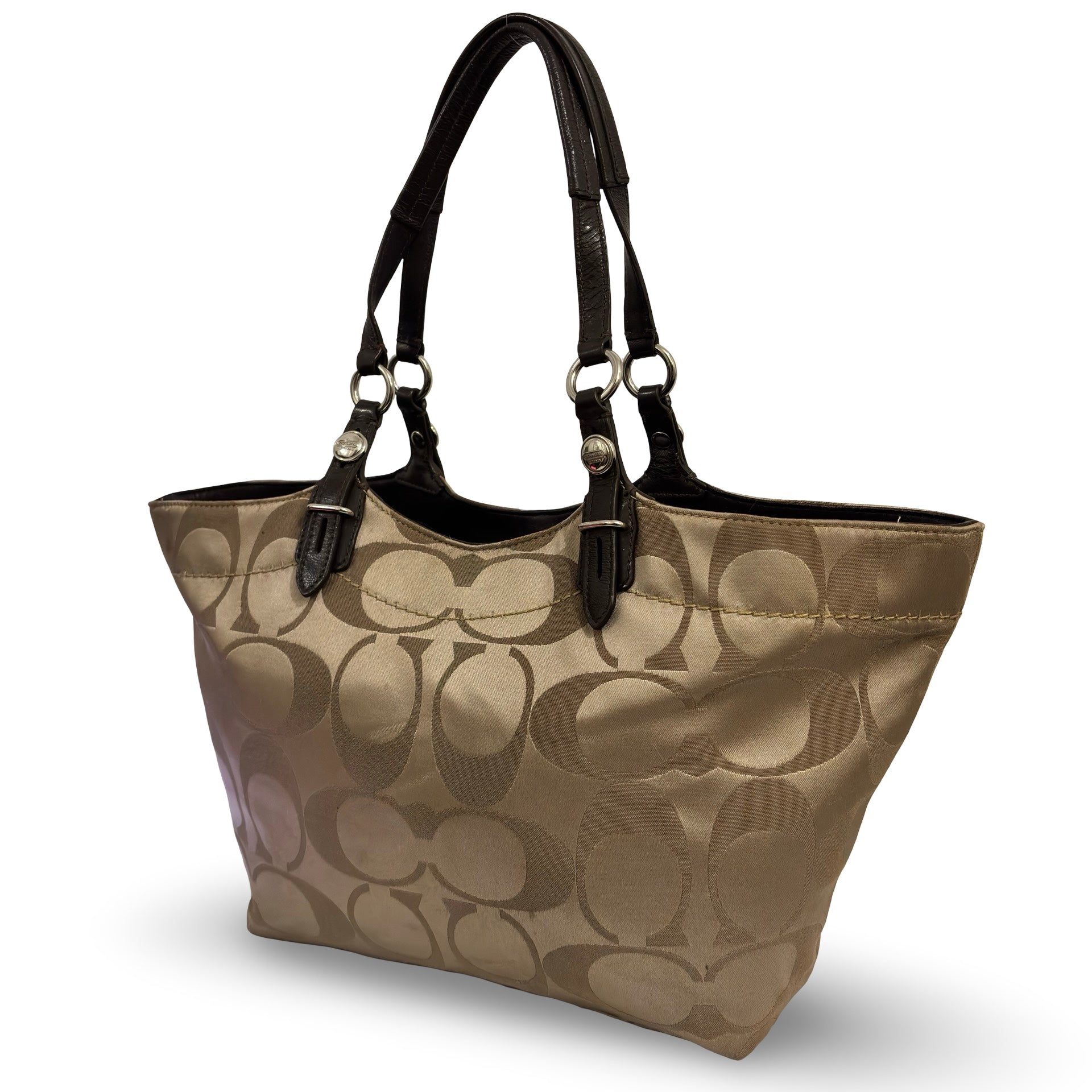 Coach Brown / Beige Signature Sateen Canvas & Leather Khaki Vintage Tote Shoulder Bag