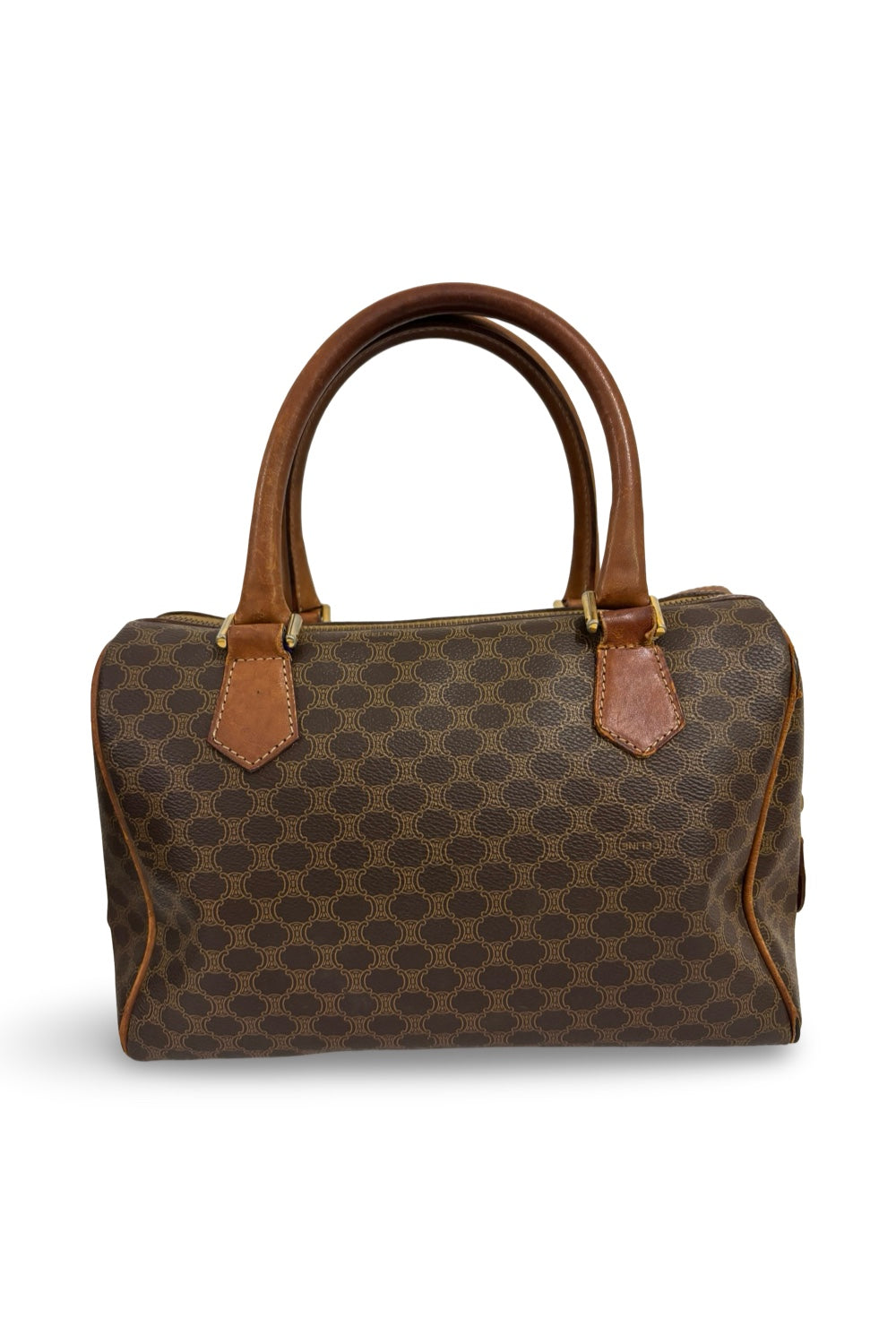 Celine Macadam Boston Bag Brown Coated Canvas  Leather Tan Vintage Handbag