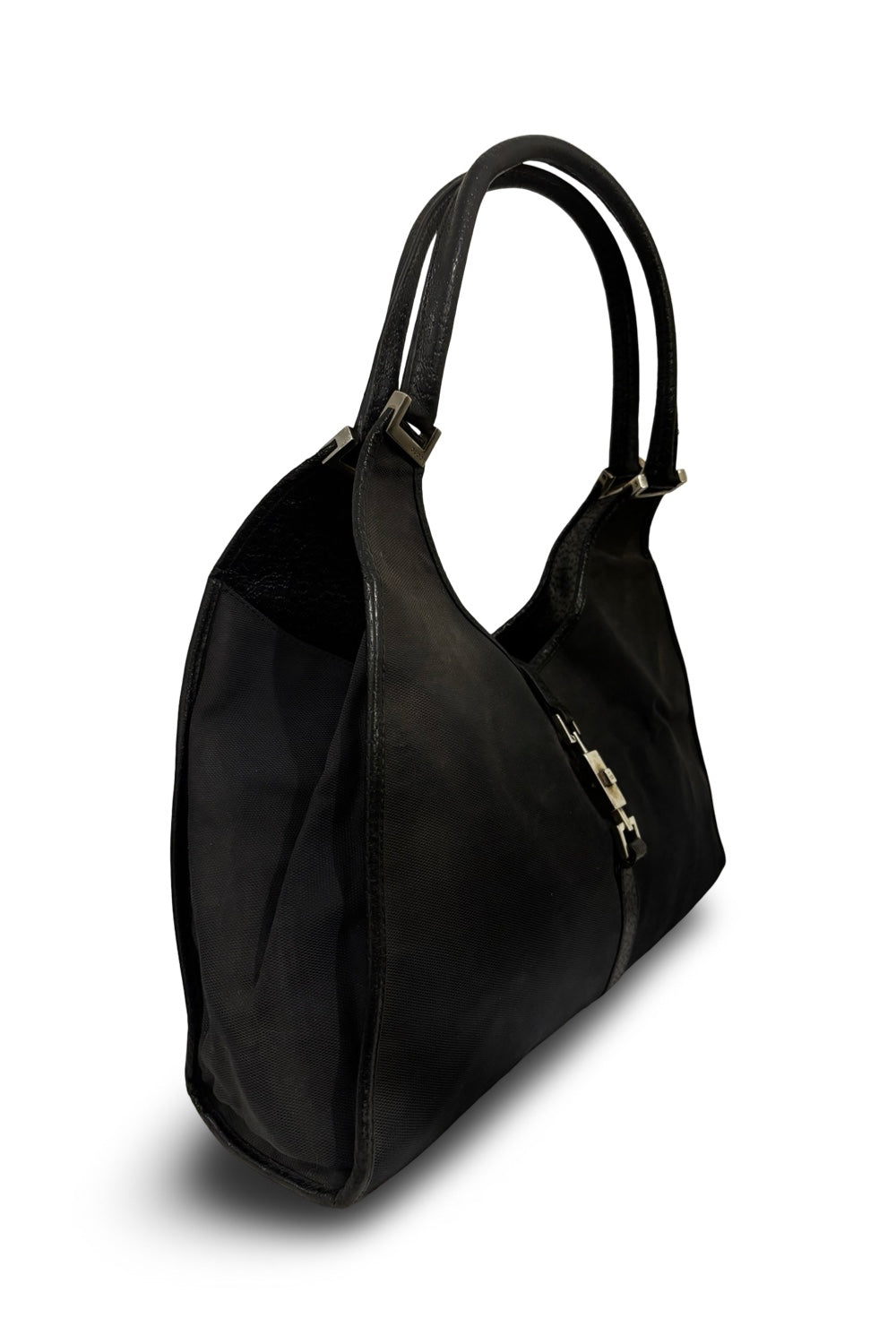 Gucci Jackie 1961 Black Canvas Vintage Bardot  Leather Trim Hobo Shoulder Bag