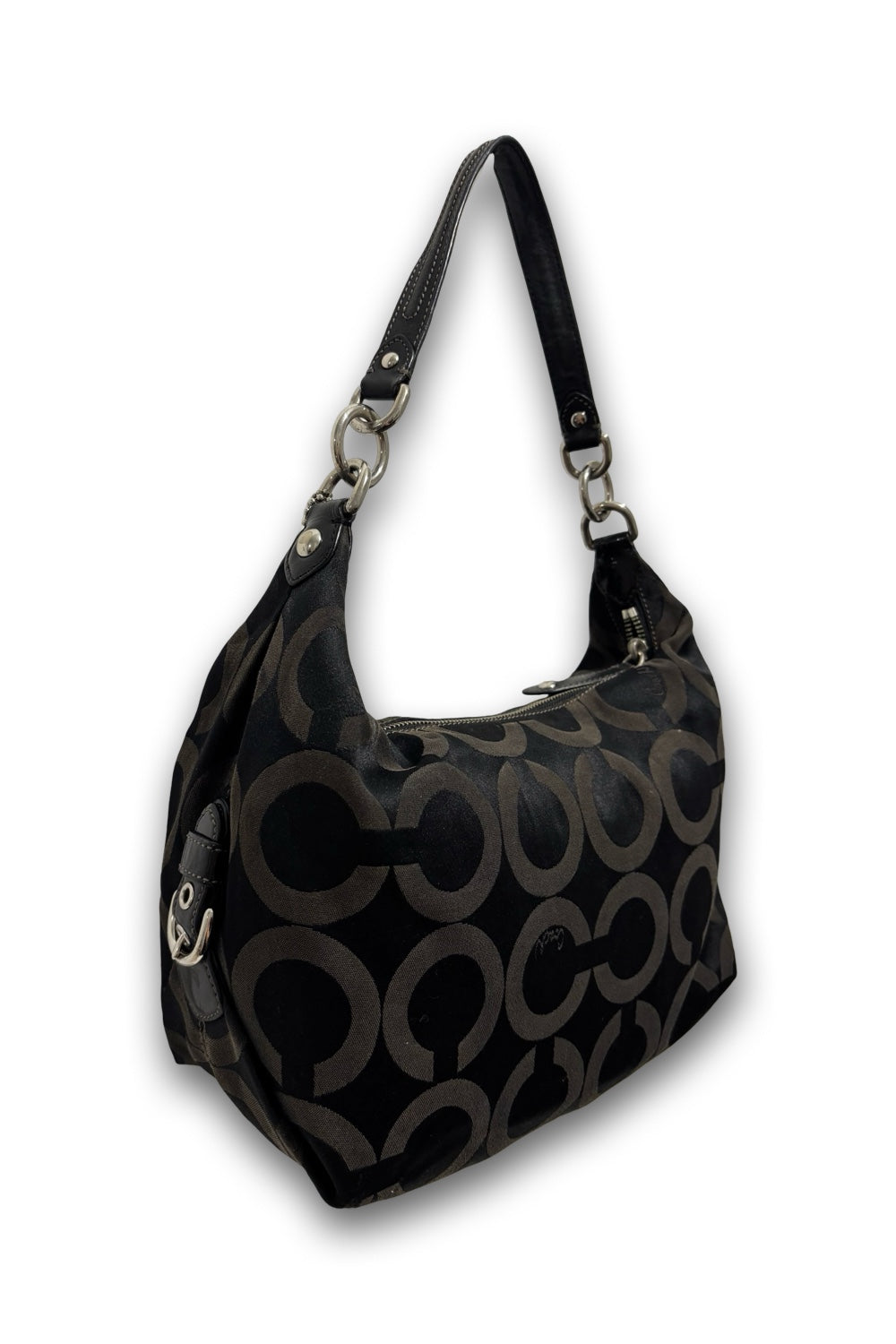 Coach Black Signature Madison OP Art Sateen & Leather Hailey Hobo Shoulder Bag