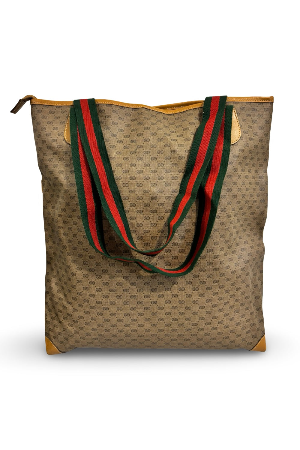Gucci Vintage Micro GG Supreme Web Sherry Line Brown Beige Canvas & Leather Tote Shoulder Bag