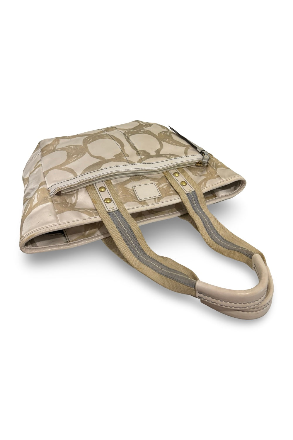 Coach Ivory / White & Beige Sateen & Leather  Signature Vintage Tote Shoulder Bag