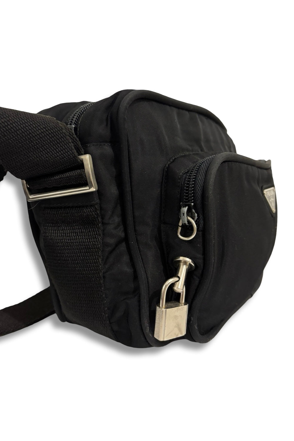 Prada Black Nylon Tessuto Vintage Silver Hardware  Padlock Crossbody / Shoulder Bag