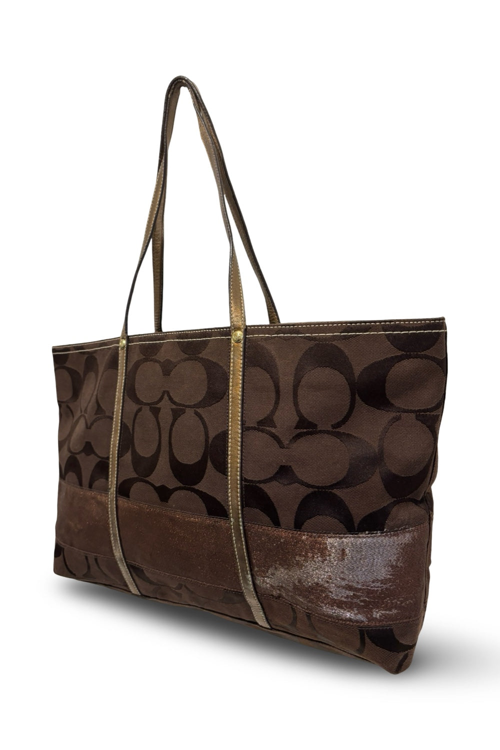 Coach Brown Signature Stripe Canvas & Leather  Metallic Tote Shoulder Bag