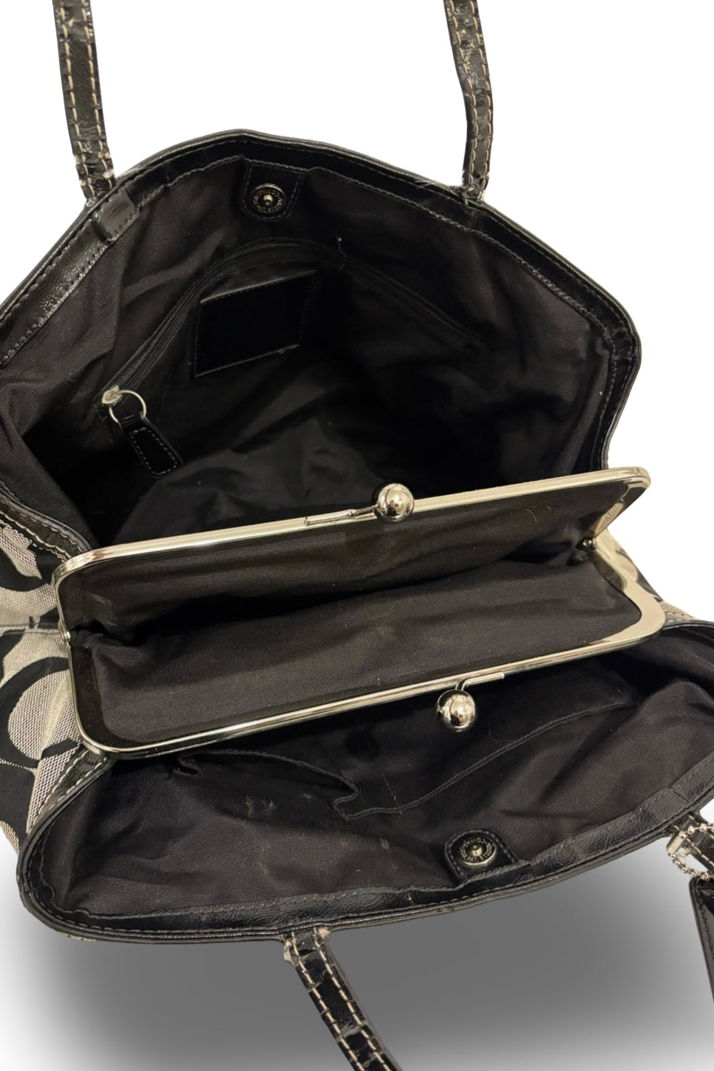 Coach Hampton Black & Grey Signature Canvas & Patent Leather Kiss lock Shoulder Bag